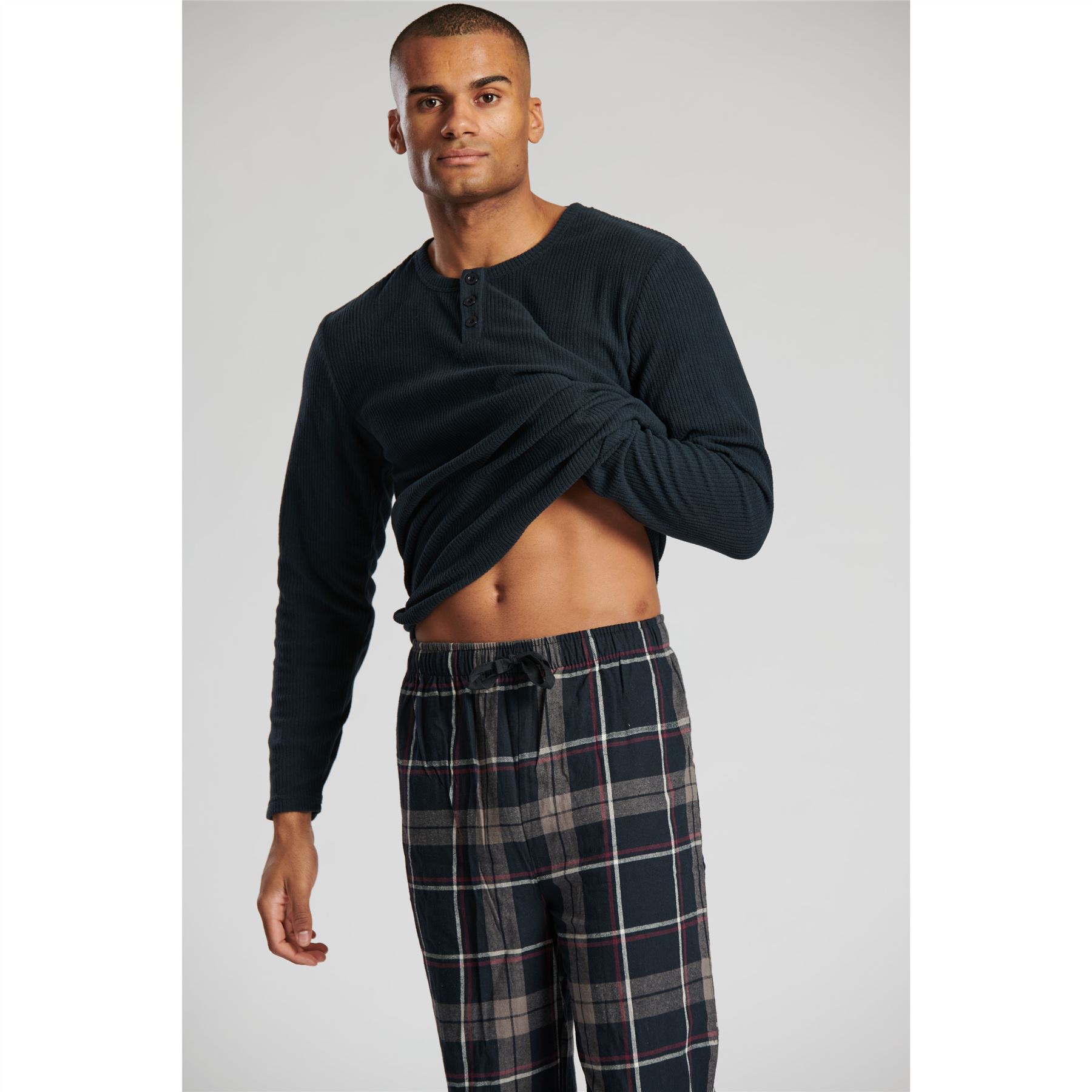 Mens Ribbed Fleece Pyjamas With Cotton Flannel Check Bottoms PJs M-XXL - Picture 15 of 18