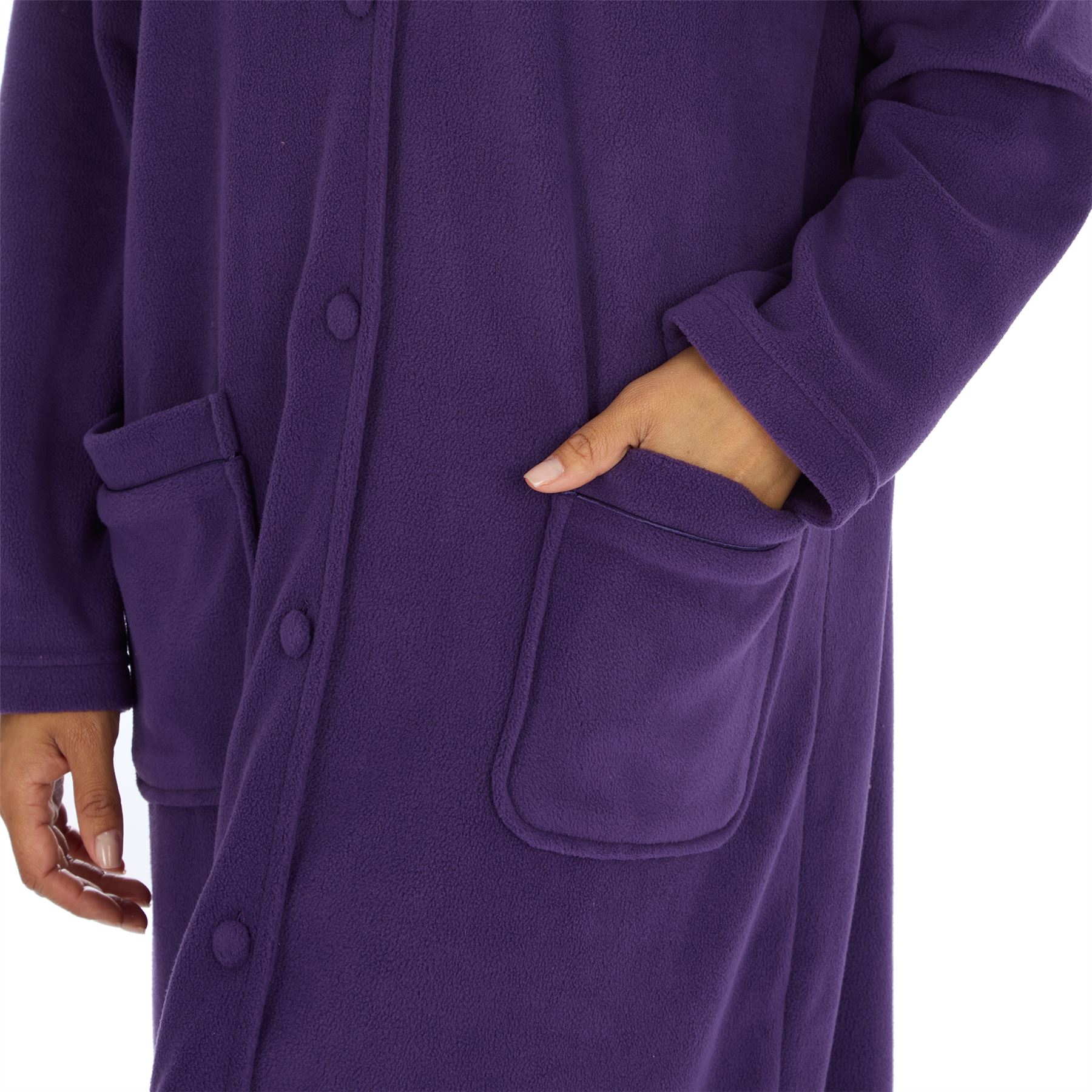 Ladies Button Housecoat Robe Longer Length Fleece Dressing Gown - Picture 33 of 40