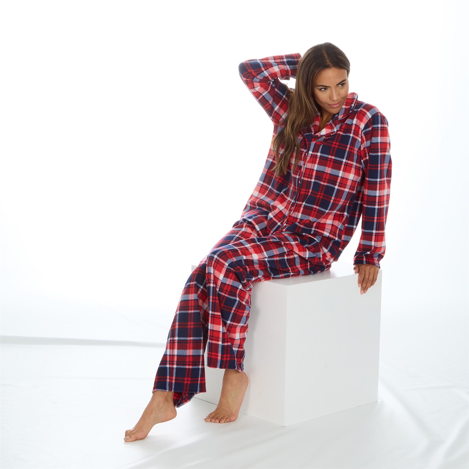 Womens Fleece Check Pyjamas Button Through Front Pyjama PJ Set Size 8-22 - Picture 10 of 10