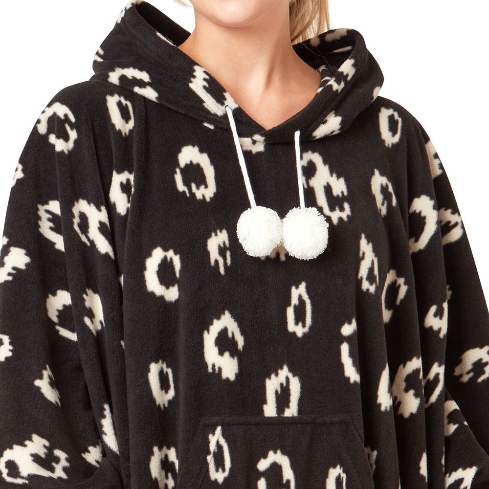 Womens Oversized Poncho Animal Print Fleece Hooded Blanket Black Teal Robe - Picture 12 of 18