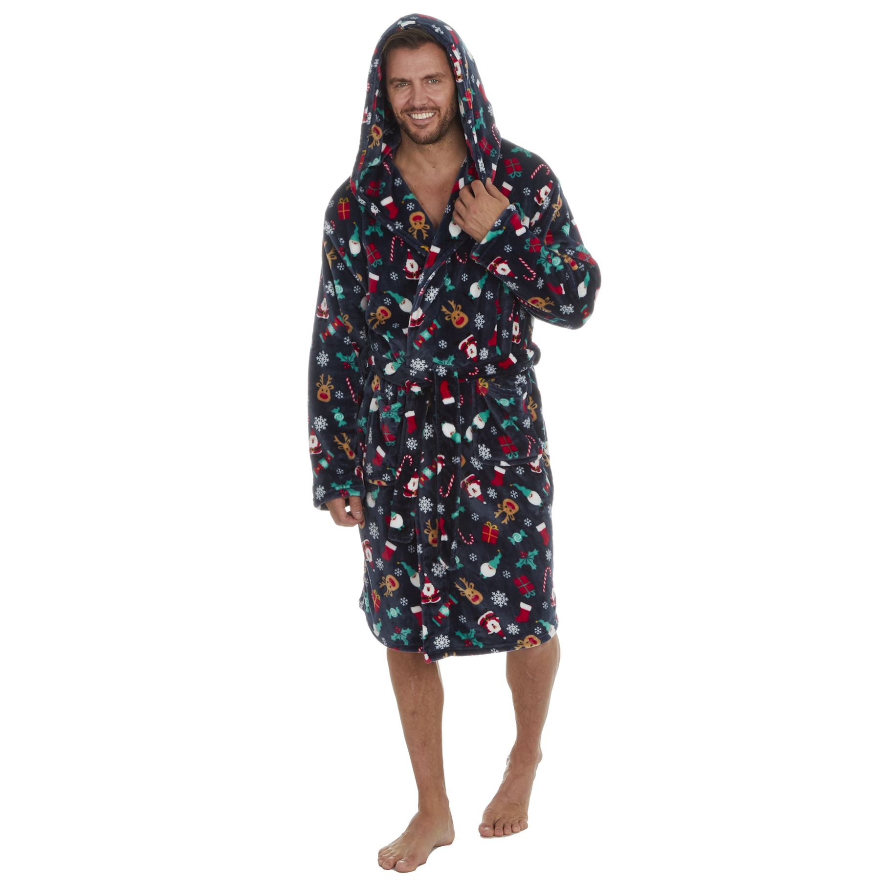 Christmas Dressing Gown Robe Xmas Mens Womens Unisex Red Navy Fleece Nightwear - Picture 22 of 36