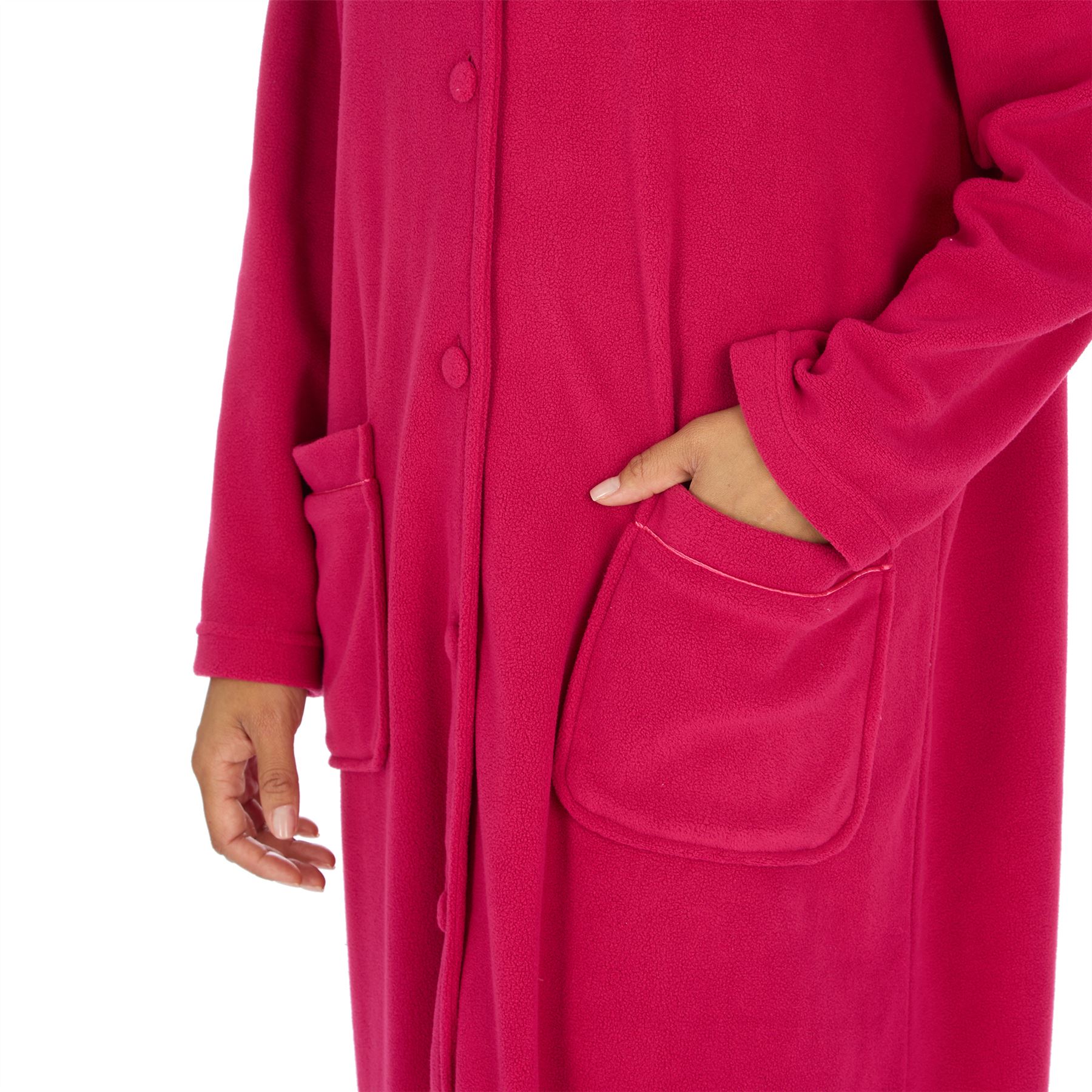 Ladies Button Housecoat Robe Longer Length Fleece Dressing Gown - Picture 40 of 40