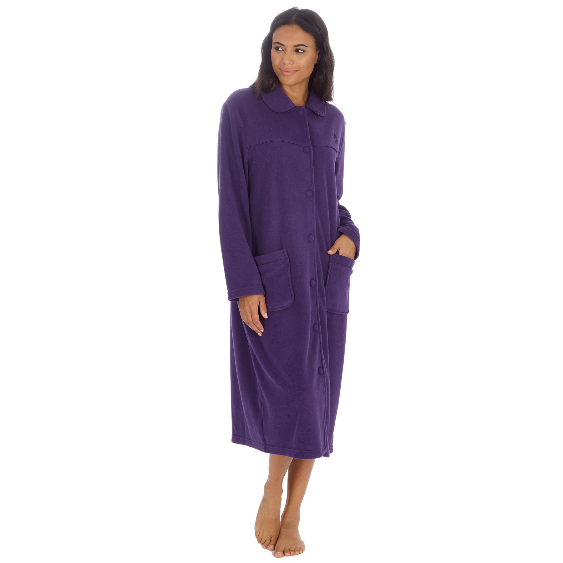 Ladies Button Housecoat Robe Longer Length Fleece Dressing Gown - Picture 29 of 40