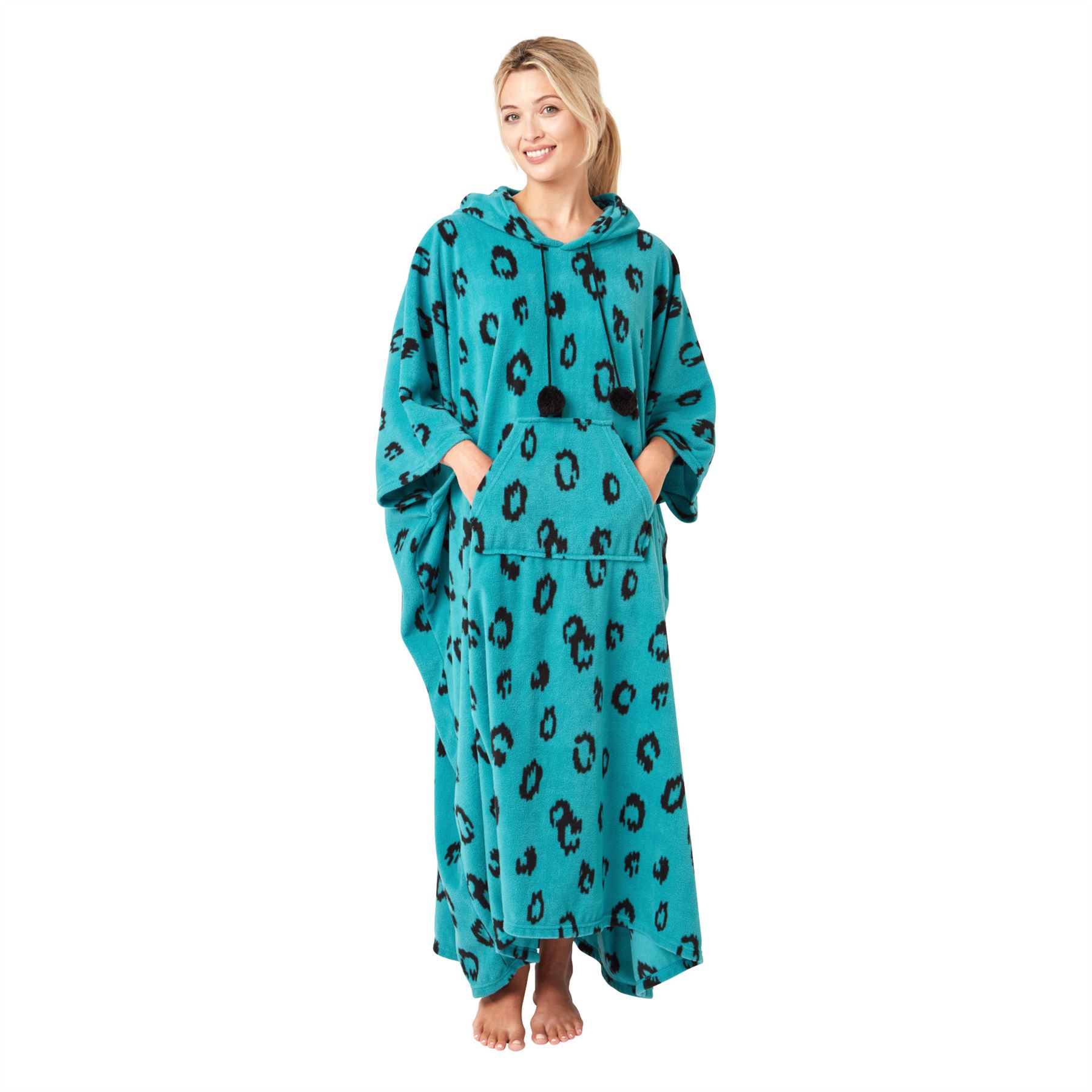 Womens Oversized Poncho Animal Print Fleece Hooded Blanket Black Teal Robe - Picture 15 of 18