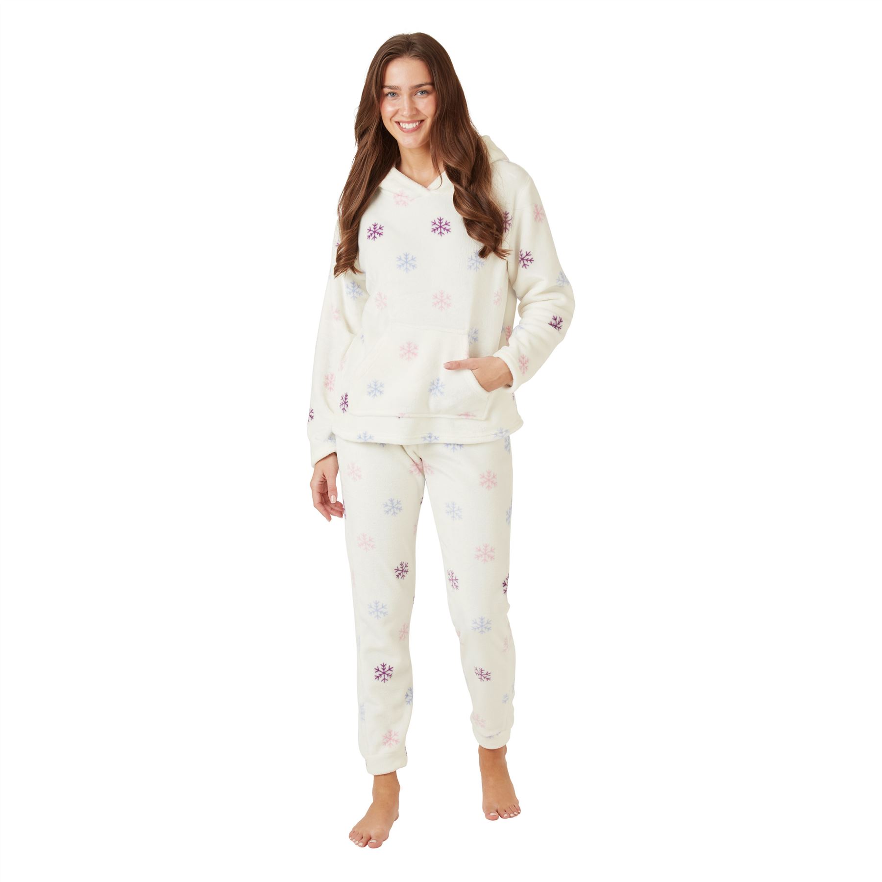 Ladies Fleece Pyjamas Pajama Set With Hood Snowflake PJs Size 8-18 - Picture 6 of 9