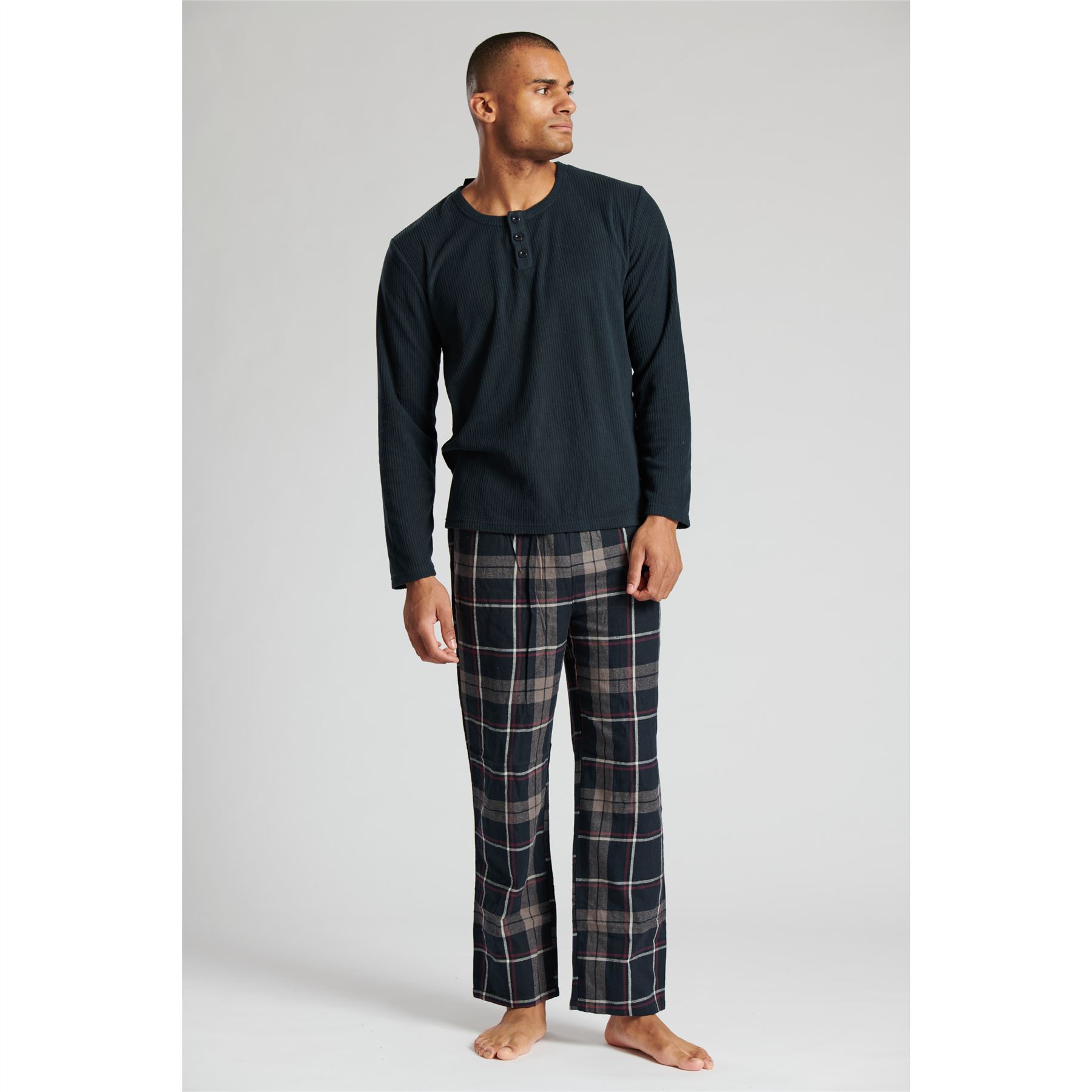 Mens Ribbed Fleece Pyjamas With Cotton Flannel Check Bottoms PJs M-XXL - Picture 18 of 18