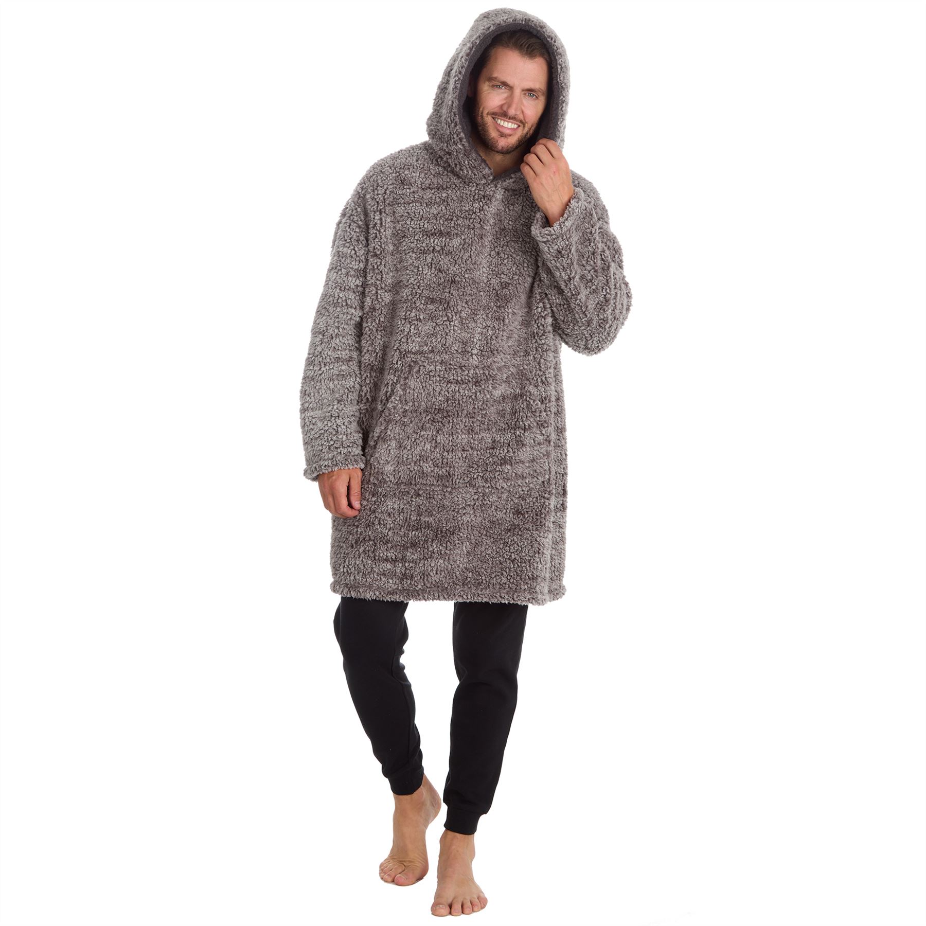 Mens Sherpa Fleece Hoodie Adults Frosted Oversized Warm Winter Nightwear - Picture 7 of 15