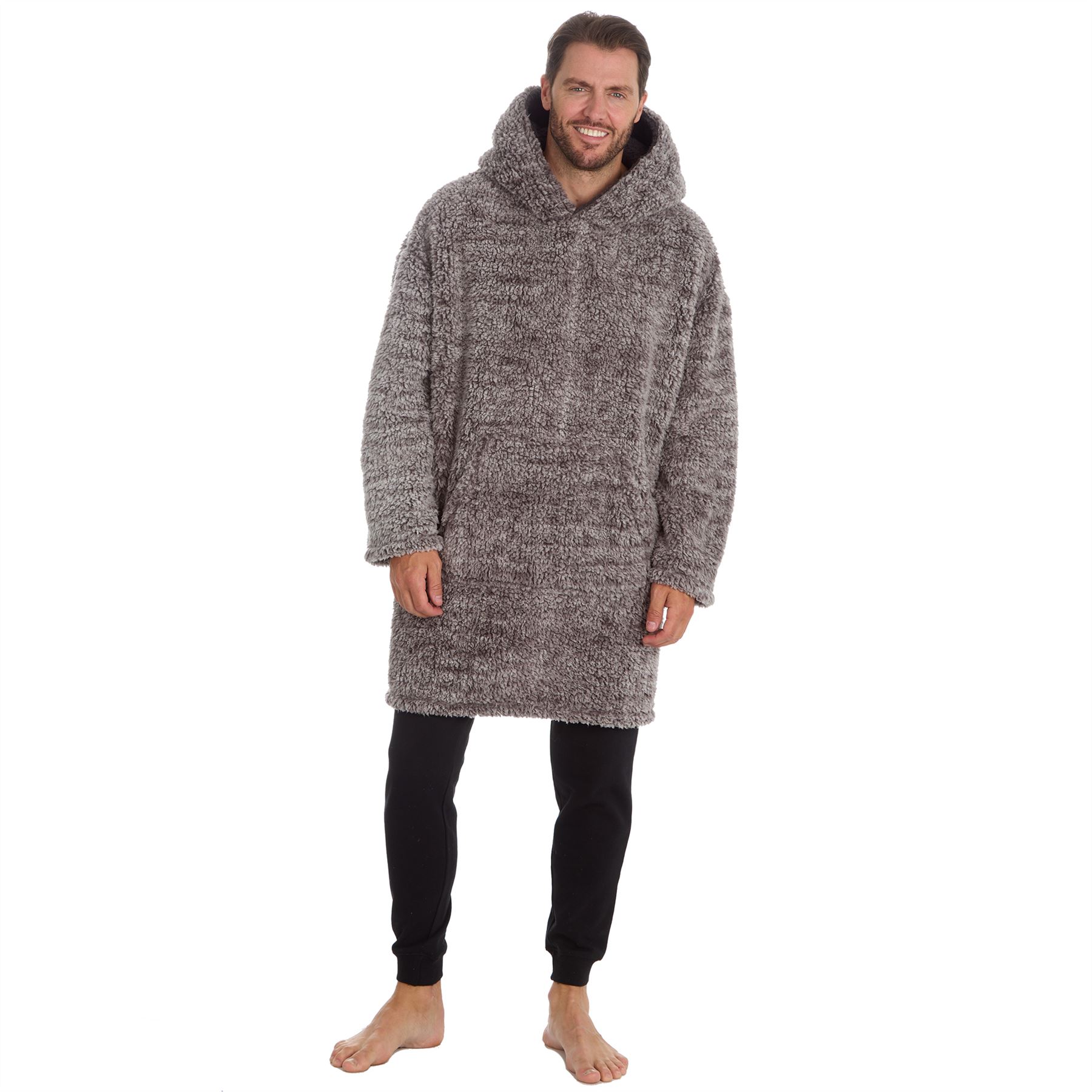 Mens Sherpa Fleece Hoodie Adults Frosted Oversized Warm Winter Nightwear - Picture 9 of 15