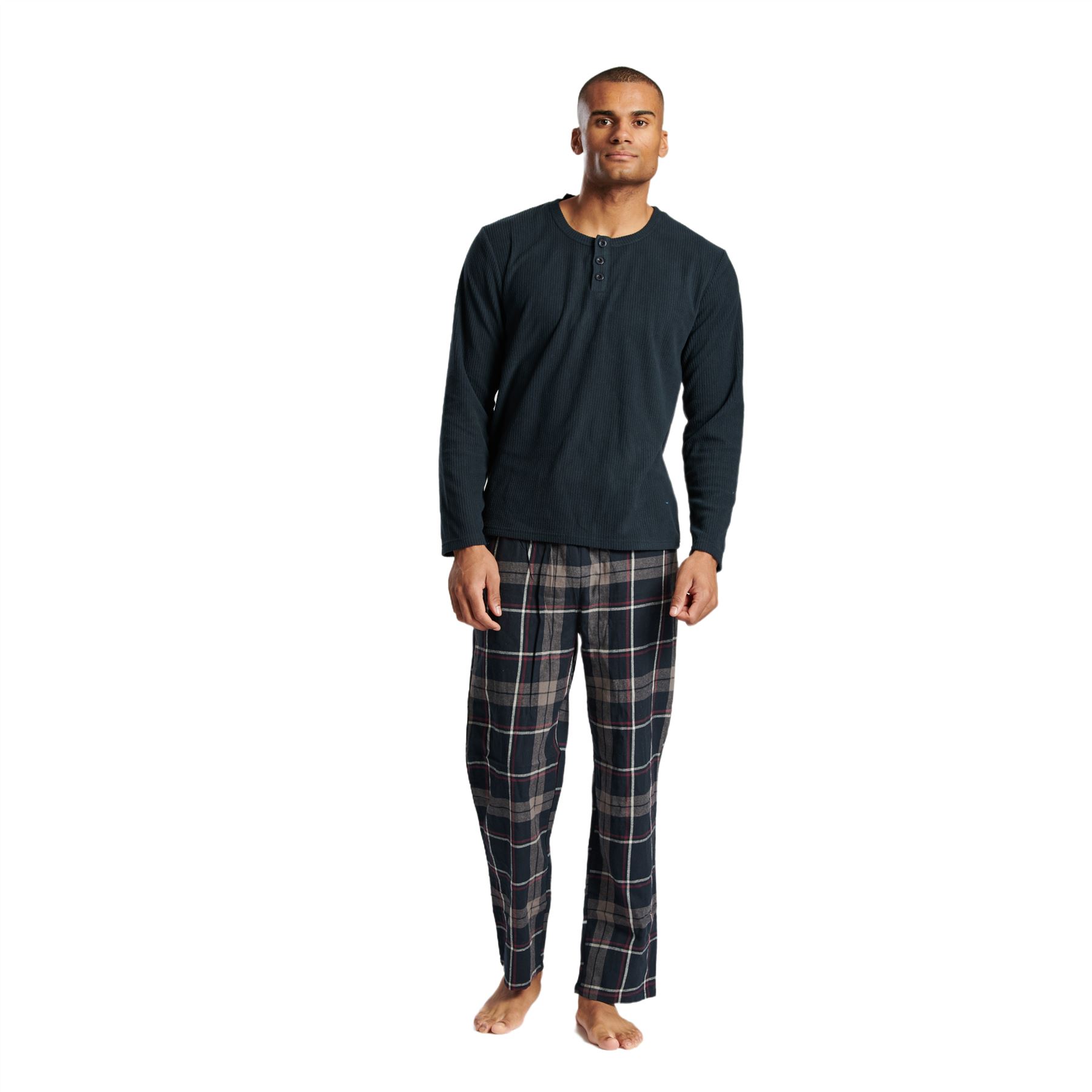 Mens Ribbed Fleece Pyjamas With Cotton Flannel Check Bottoms PJs M-XXL - Picture 13 of 18