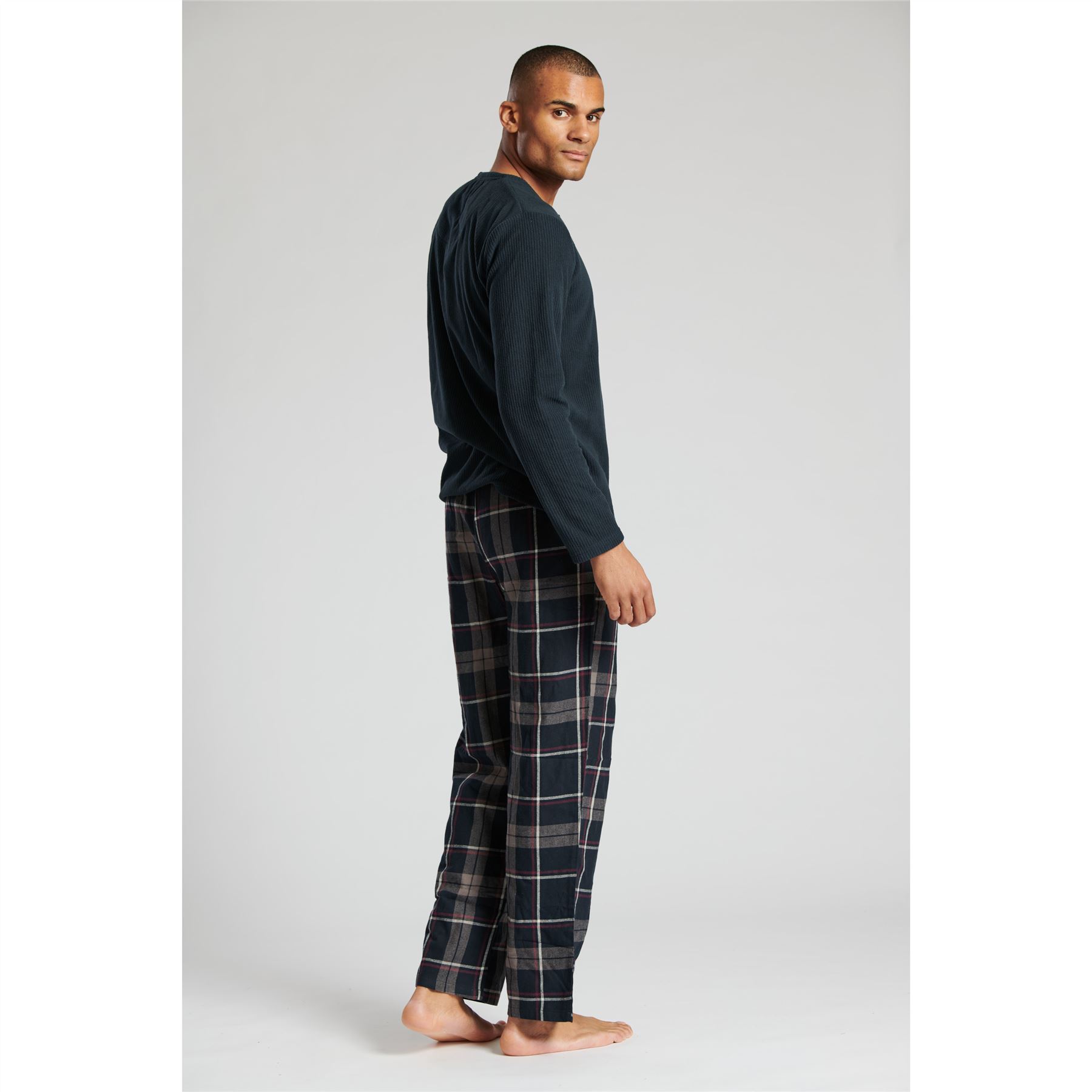 Mens Ribbed Fleece Pyjamas With Cotton Flannel Check Bottoms PJs M-XXL - Picture 16 of 18
