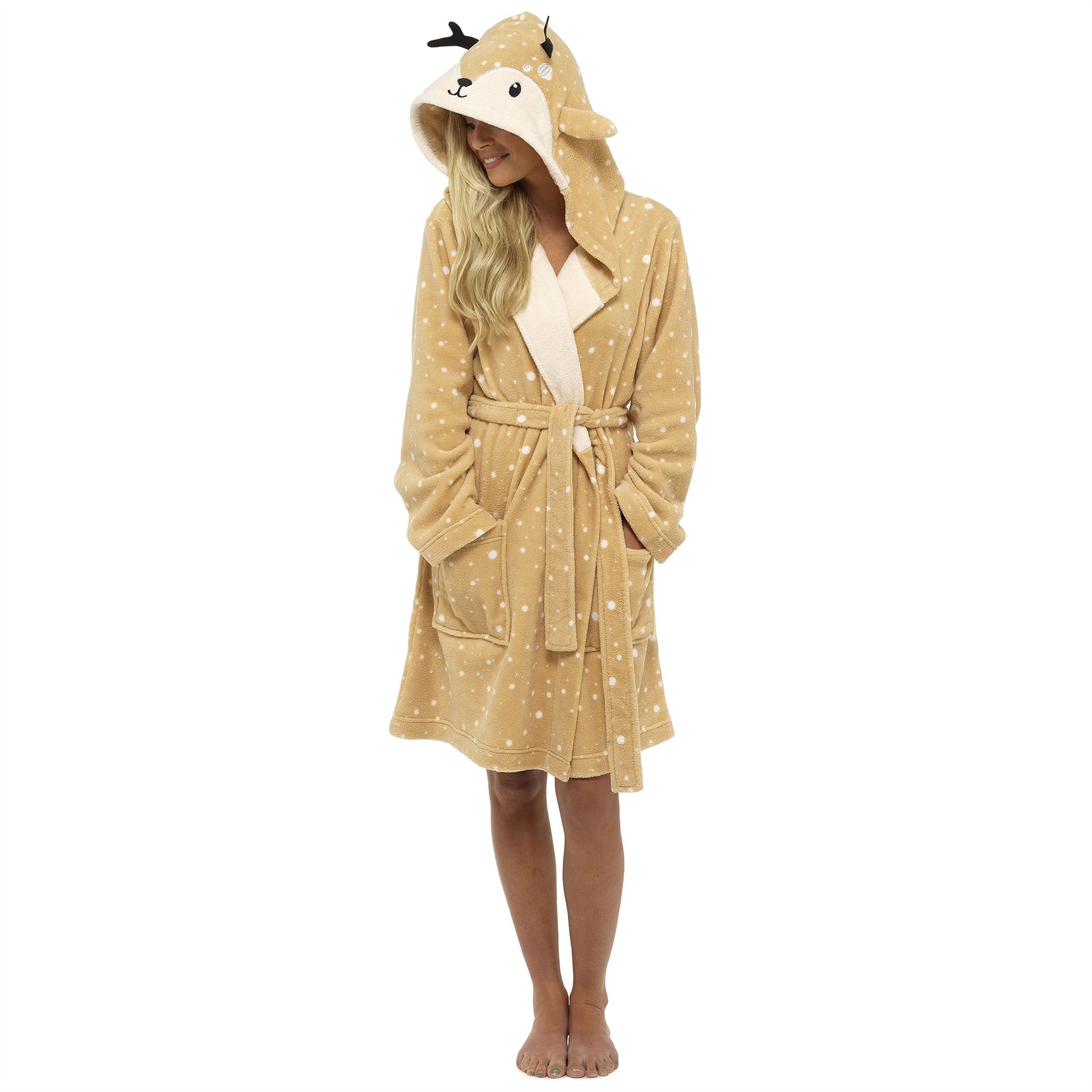 Womens Fleece Robe Dressing Gown With Novelty Hood Ladies Girls Size 8-22 - Picture 28 of 75