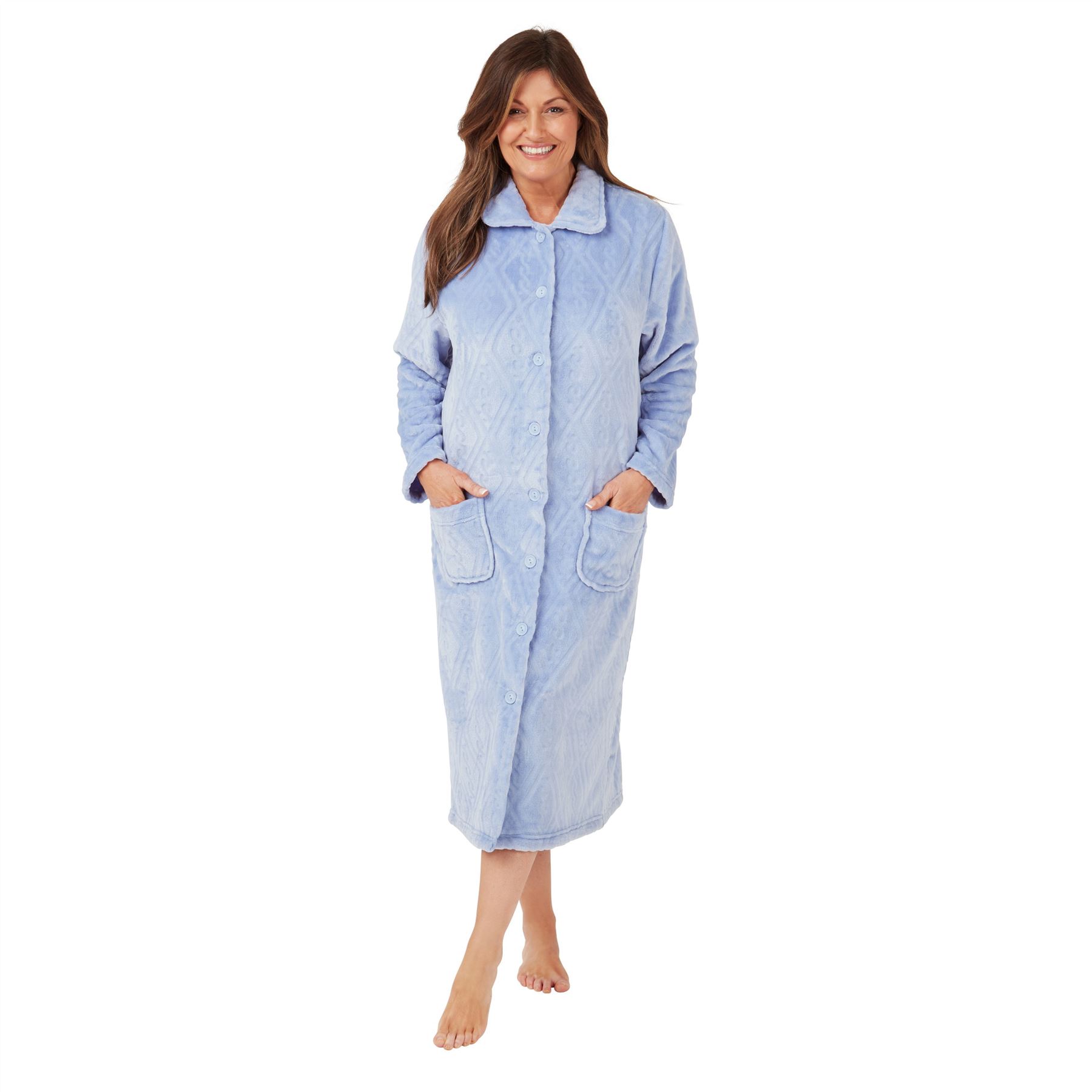 Ladies Embossed Button Through Front Fleece Housecoat Dressing Gown Robe 8-26 - Picture 6 of 10