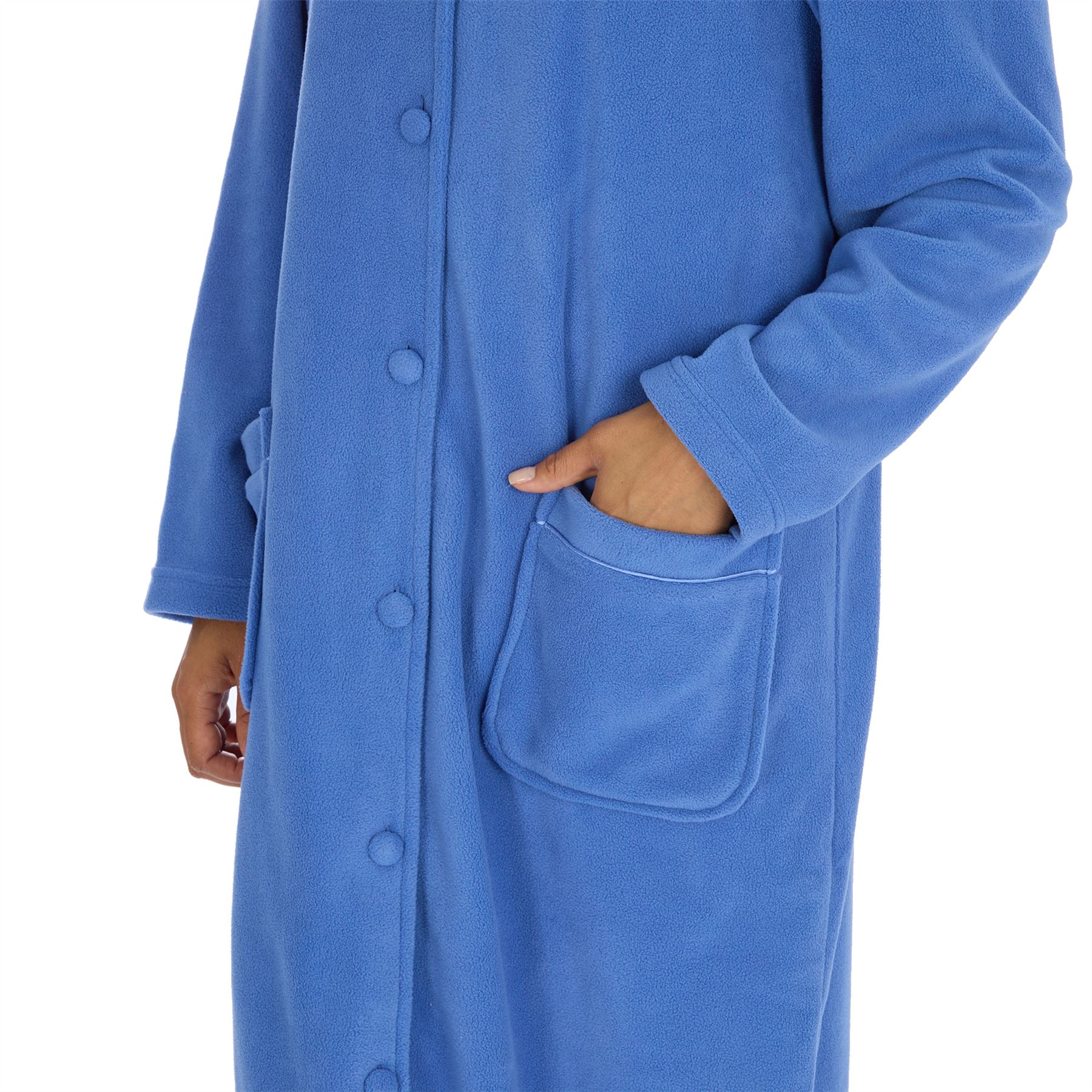 Ladies Button Housecoat Robe Longer Length Fleece Dressing Gown - Picture 20 of 40