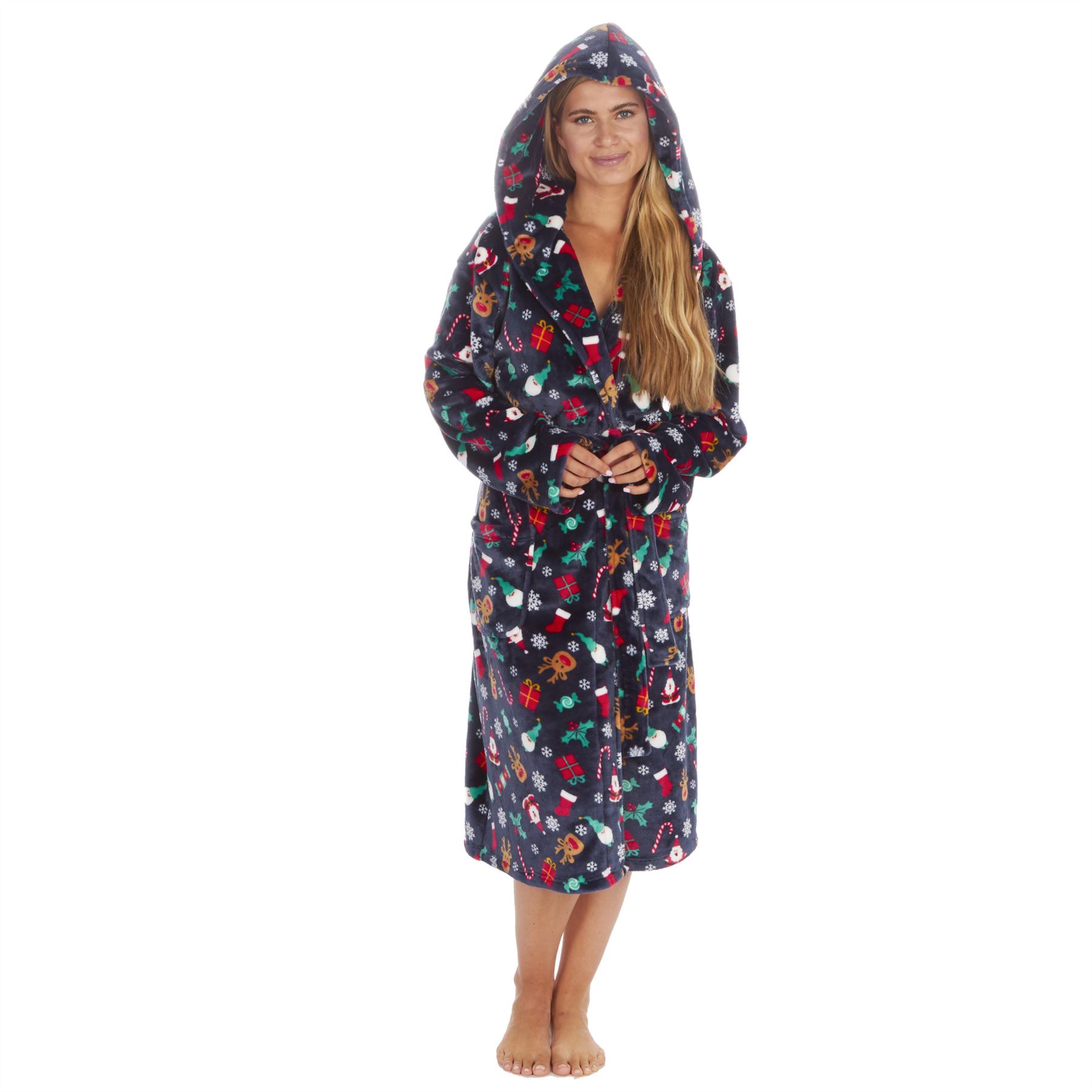 Christmas Dressing Gown Robe Xmas Mens Womens Unisex Red Navy Fleece Nightwear - Picture 16 of 36
