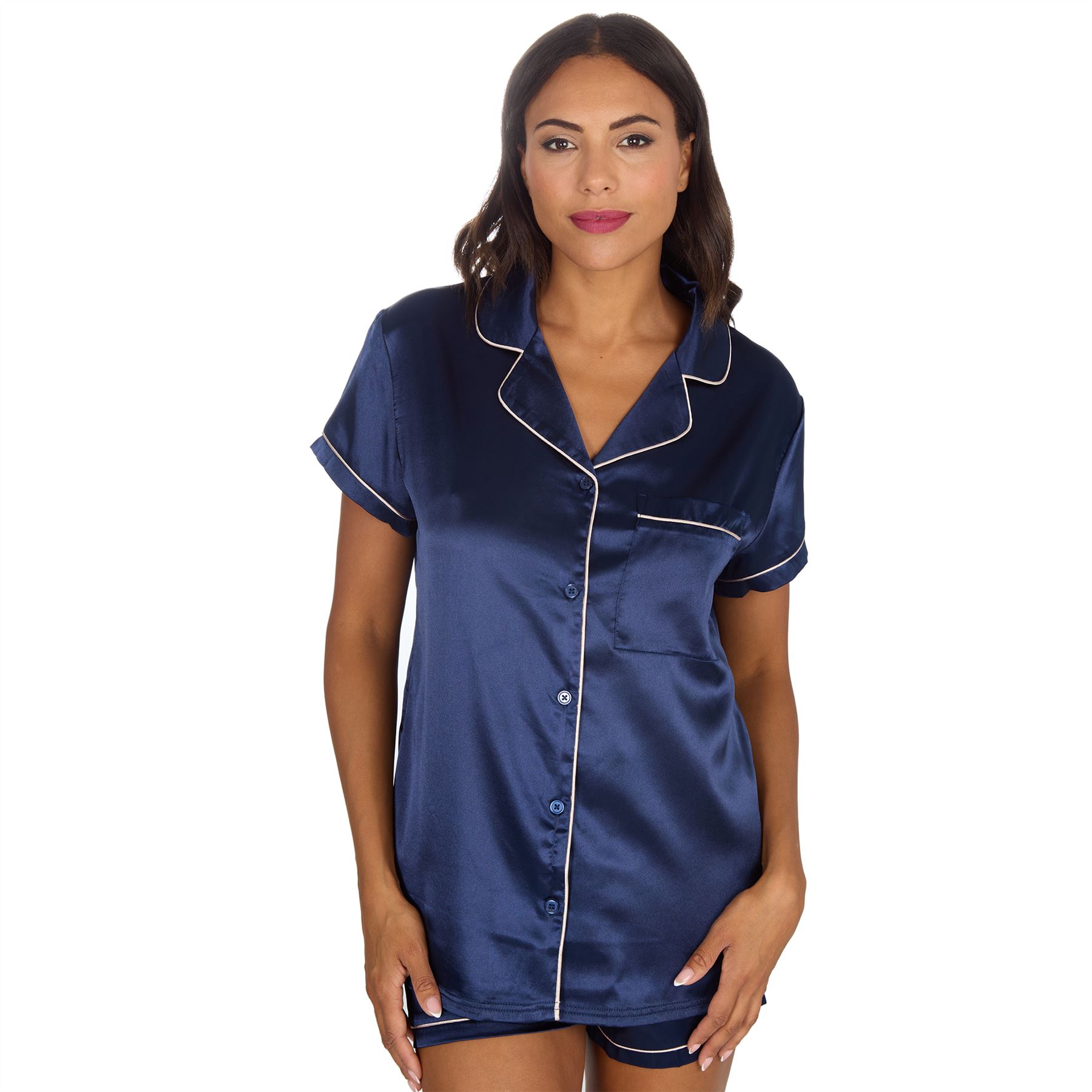 Conjunto de pijama de satén con botones delanteros y pantalones cortos para mujer y mujer talla 10-24 - Imagen 11 de 28