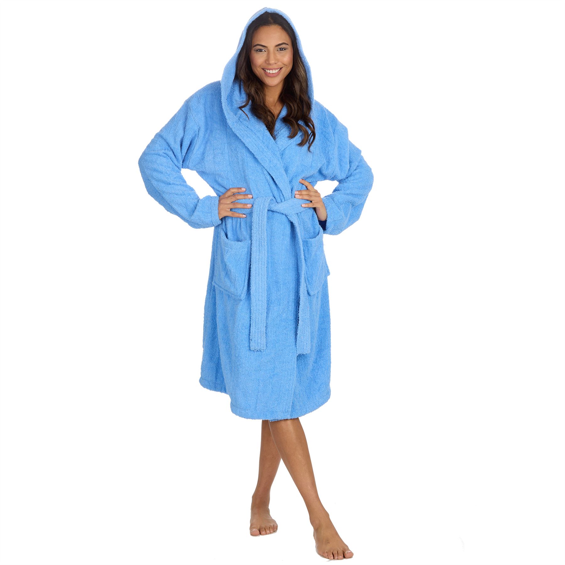 Womens Terry Towelling Bathrobe 100% Cotton Hooded Bath Robe Size 10-24 - Picture 15 of 26