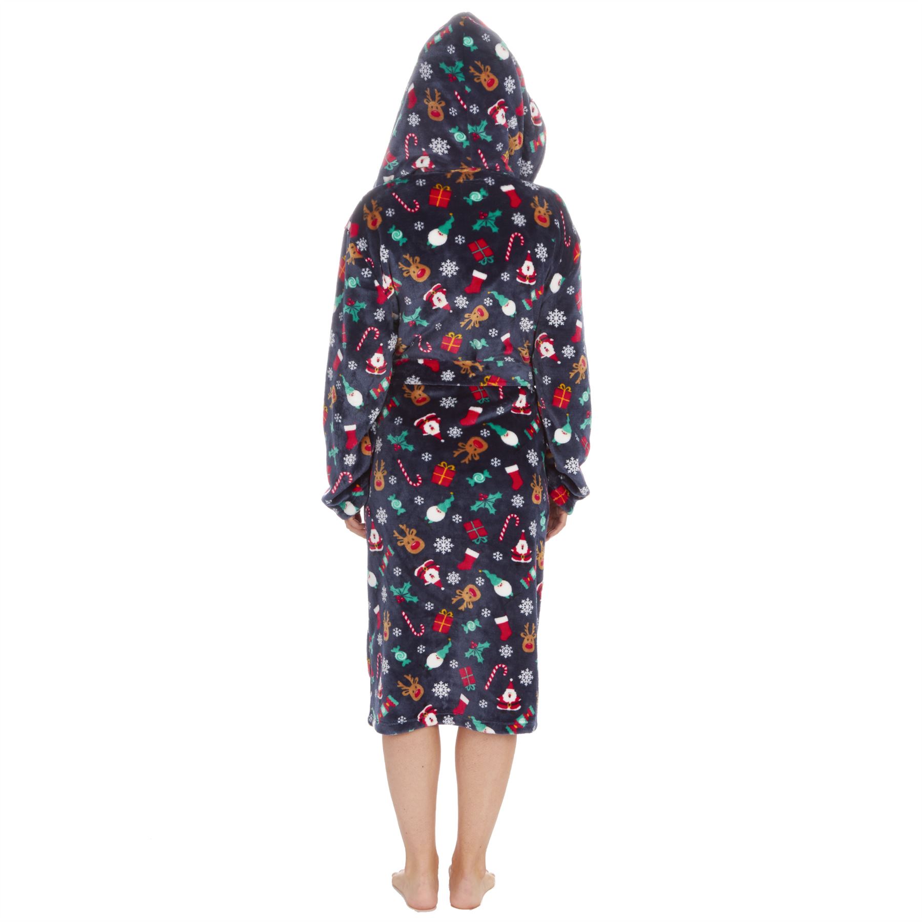 Christmas Dressing Gown Robe Xmas Mens Womens Unisex Red Navy Fleece Nightwear - Picture 17 of 36