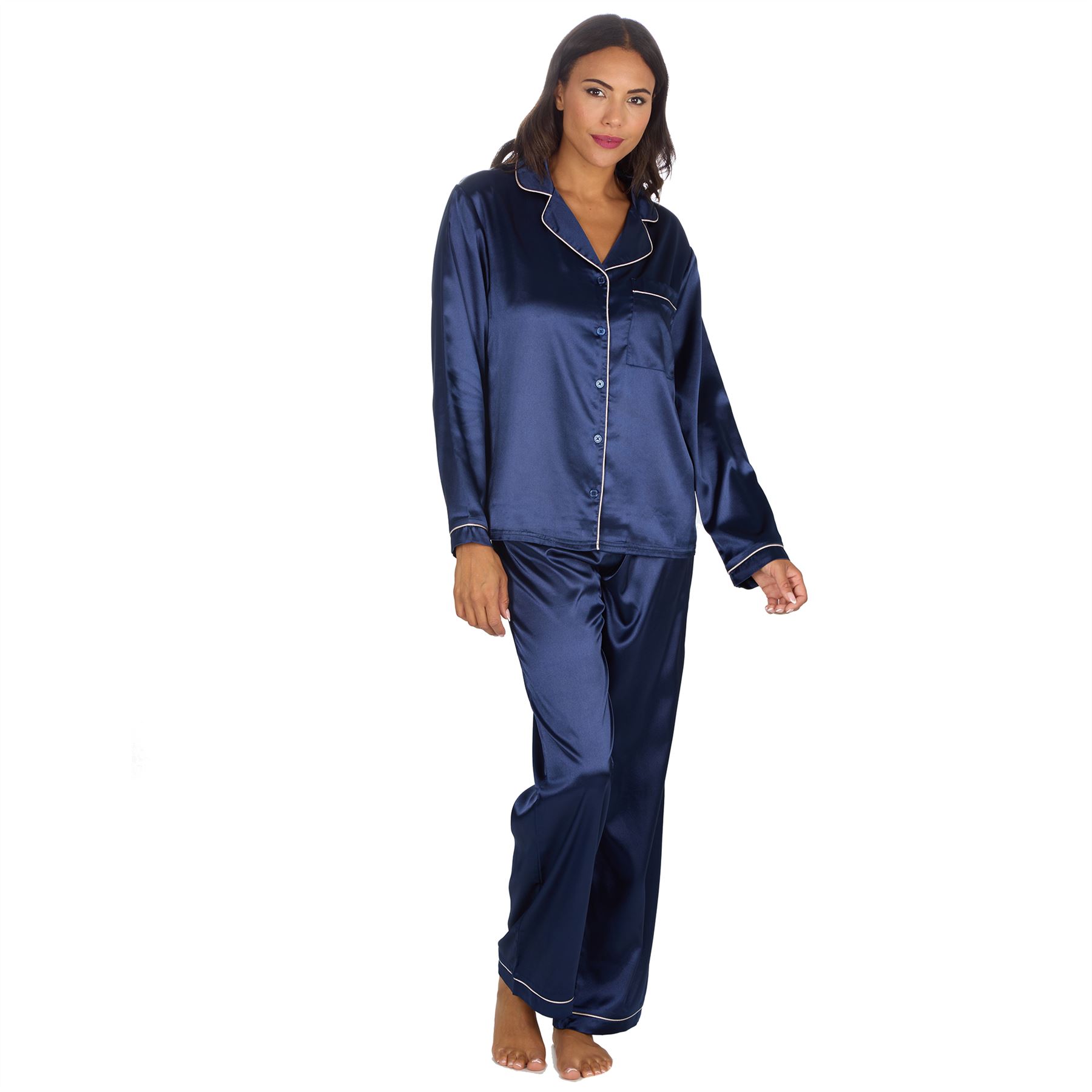 Ladies Satin Pyjamas Long Sleeve Button Front Pyjama Set PJs Size 10-24 - Picture 14 of 19