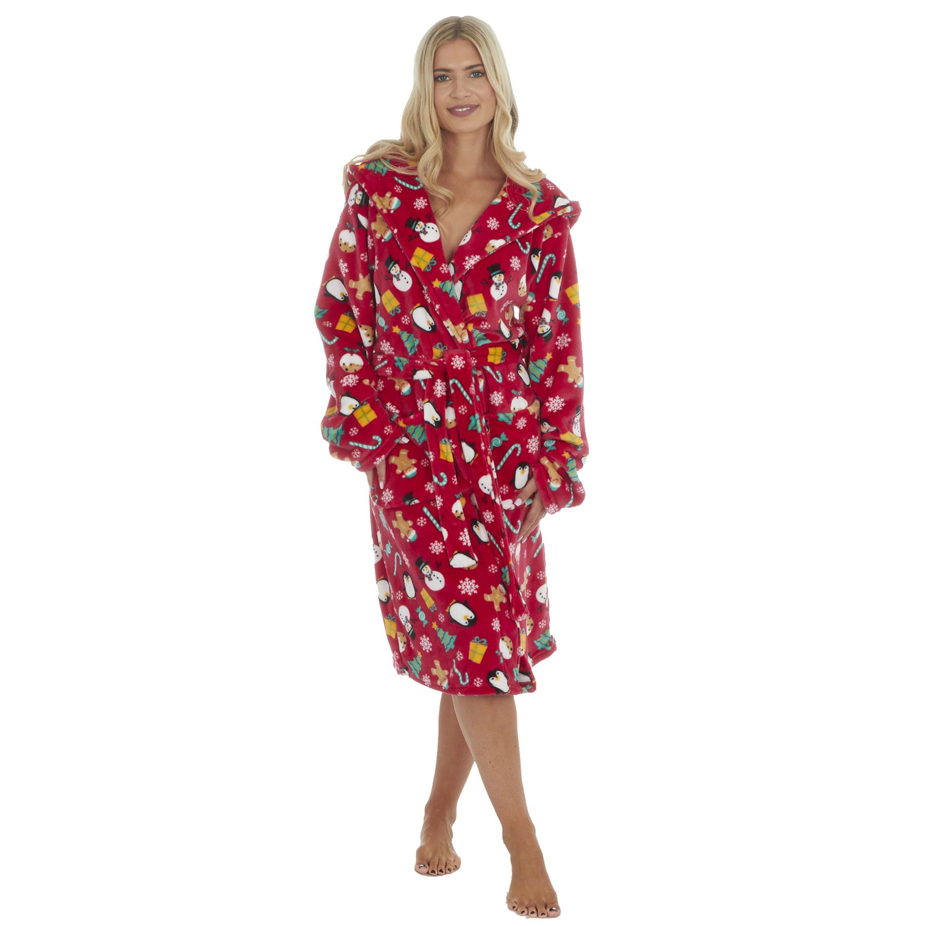 Christmas Dressing Gown Robe Xmas Mens Womens Unisex Red Navy Fleece Nightwear - Picture 31 of 36