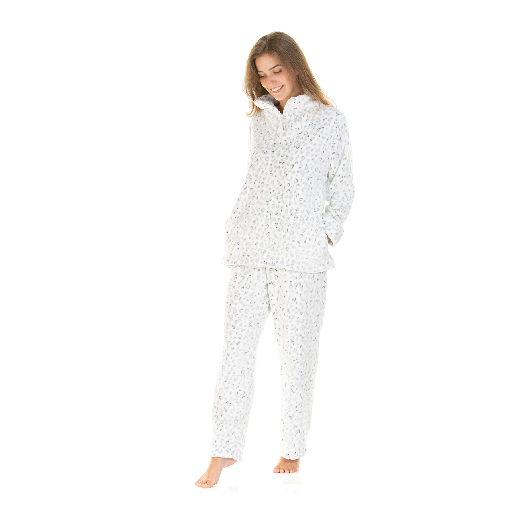 Womens Fleece Pyjamas Ladies Funnel Neck Snow Leopard Pyjama Set Size 10-20 - Picture 7 of 8