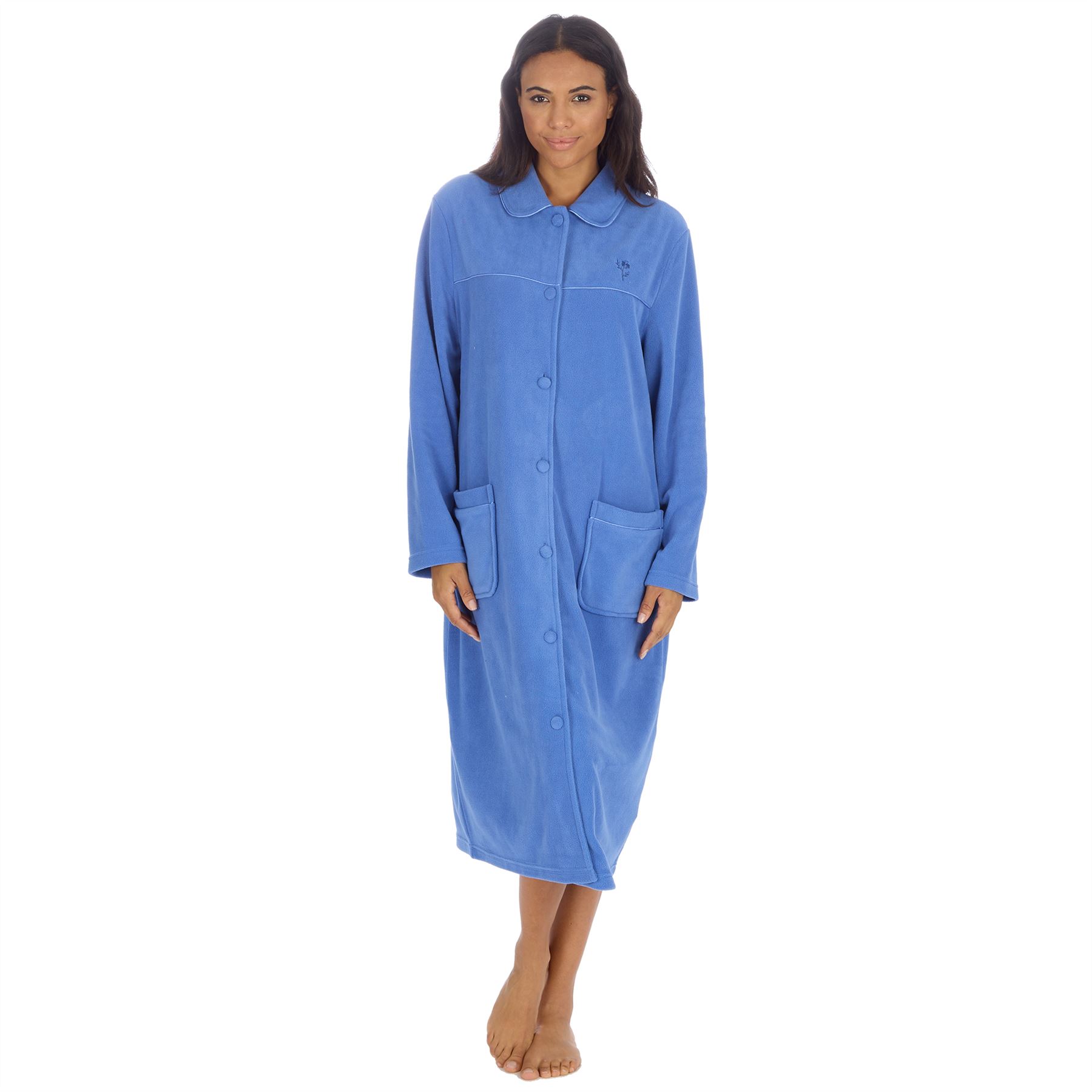 Ladies Button Housecoat Robe Longer Length Fleece Dressing Gown - Picture 11 of 40
