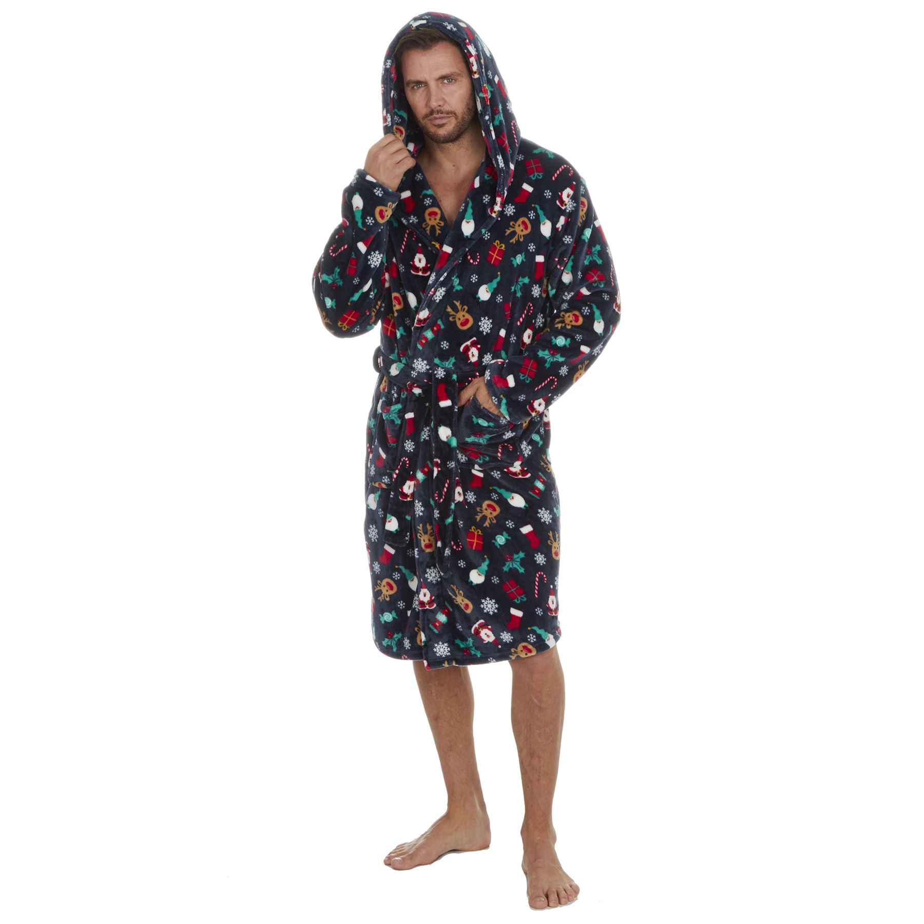 Christmas Dressing Gown Robe Xmas Mens Womens Unisex Red Navy Fleece Nightwear - Picture 23 of 36