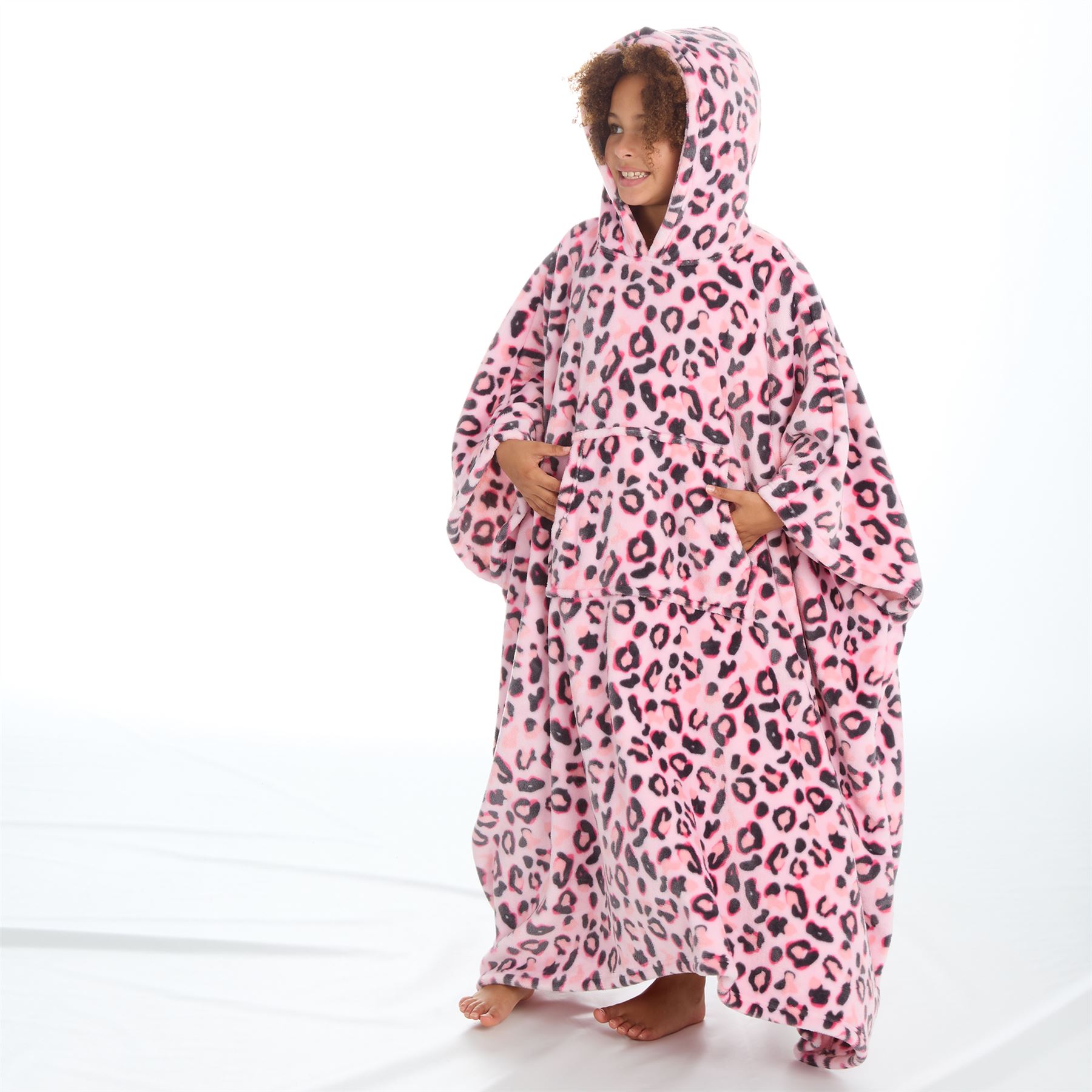 Kids Oversized Poncho Girls Fleece Hooded Pink Leopard Print Robe 7-13 Years - Picture 10 of 13