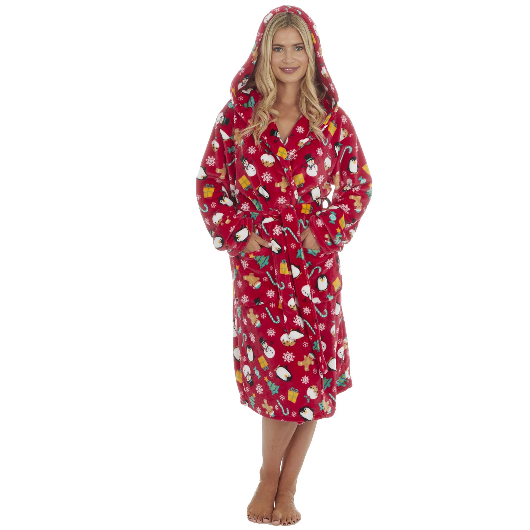 Christmas Dressing Gown Robe Xmas Mens Womens Unisex Red Navy Fleece Nightwear - Picture 33 of 36