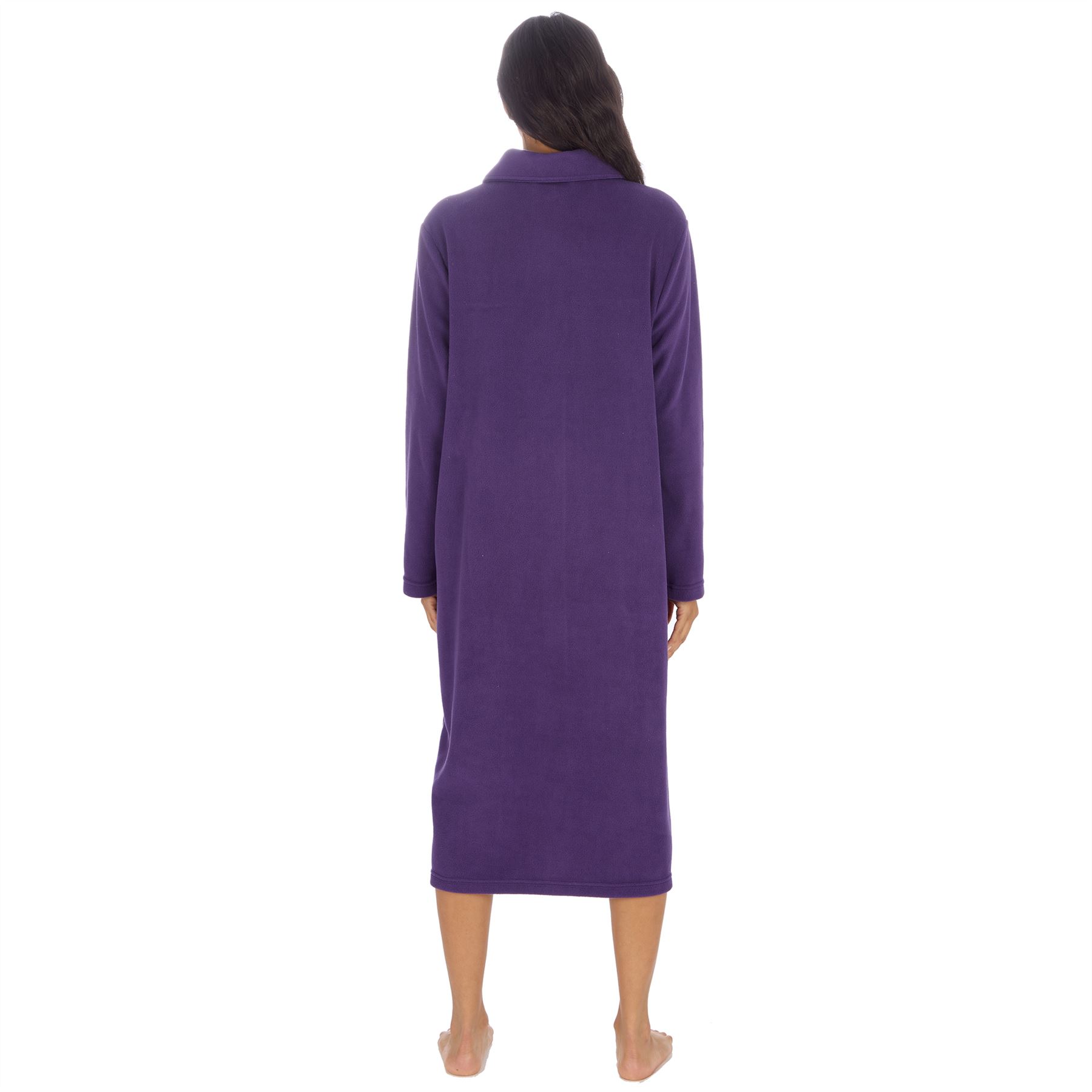 Ladies Button Housecoat Robe Longer Length Fleece Dressing Gown - Picture 30 of 40
