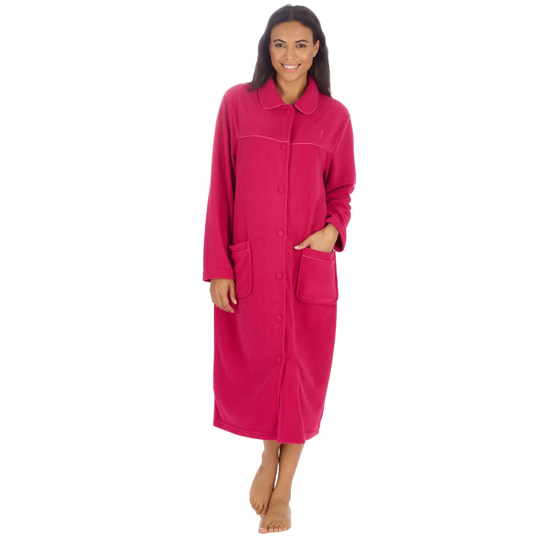Ladies Button Housecoat Robe Longer Length Fleece Dressing Gown - Picture 34 of 40