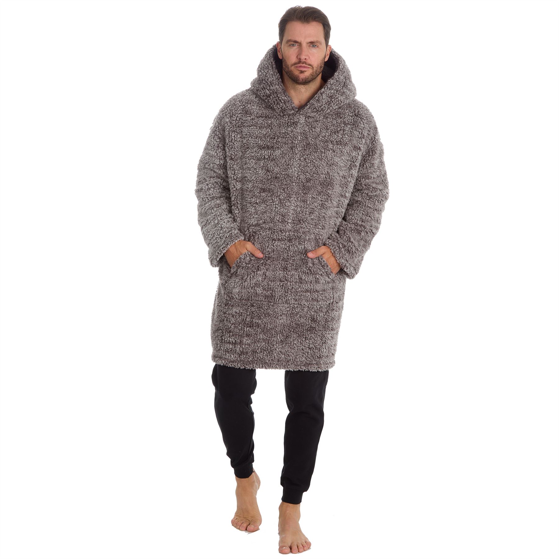 Mens Sherpa Fleece Hoodie Adults Frosted Oversized Warm Winter Nightwear - Picture 6 of 15