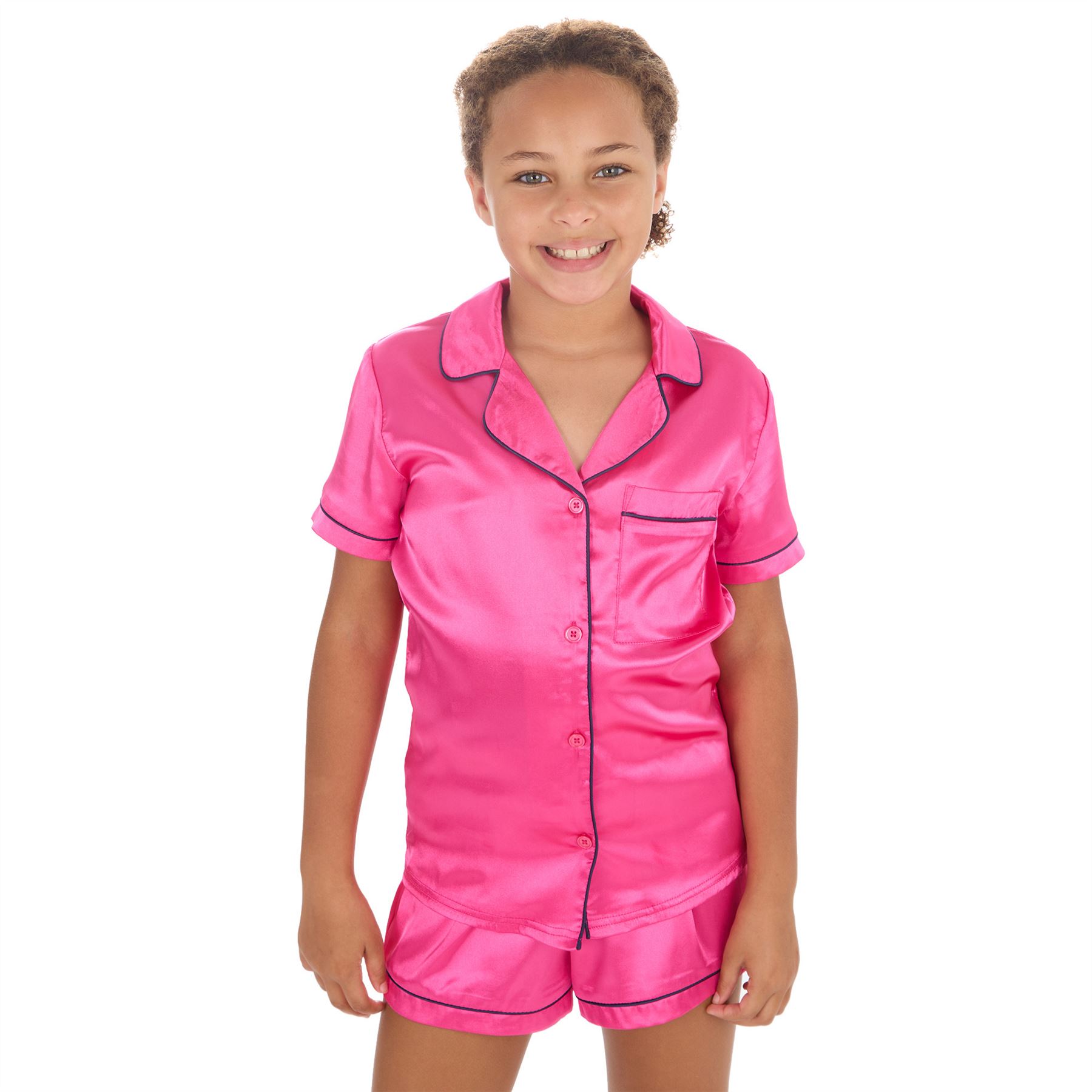 Girls Kids Satin Pyjamas Button Front Top and Shorts Pyjama Set Age 9-13 Years - Picture 6 of 9