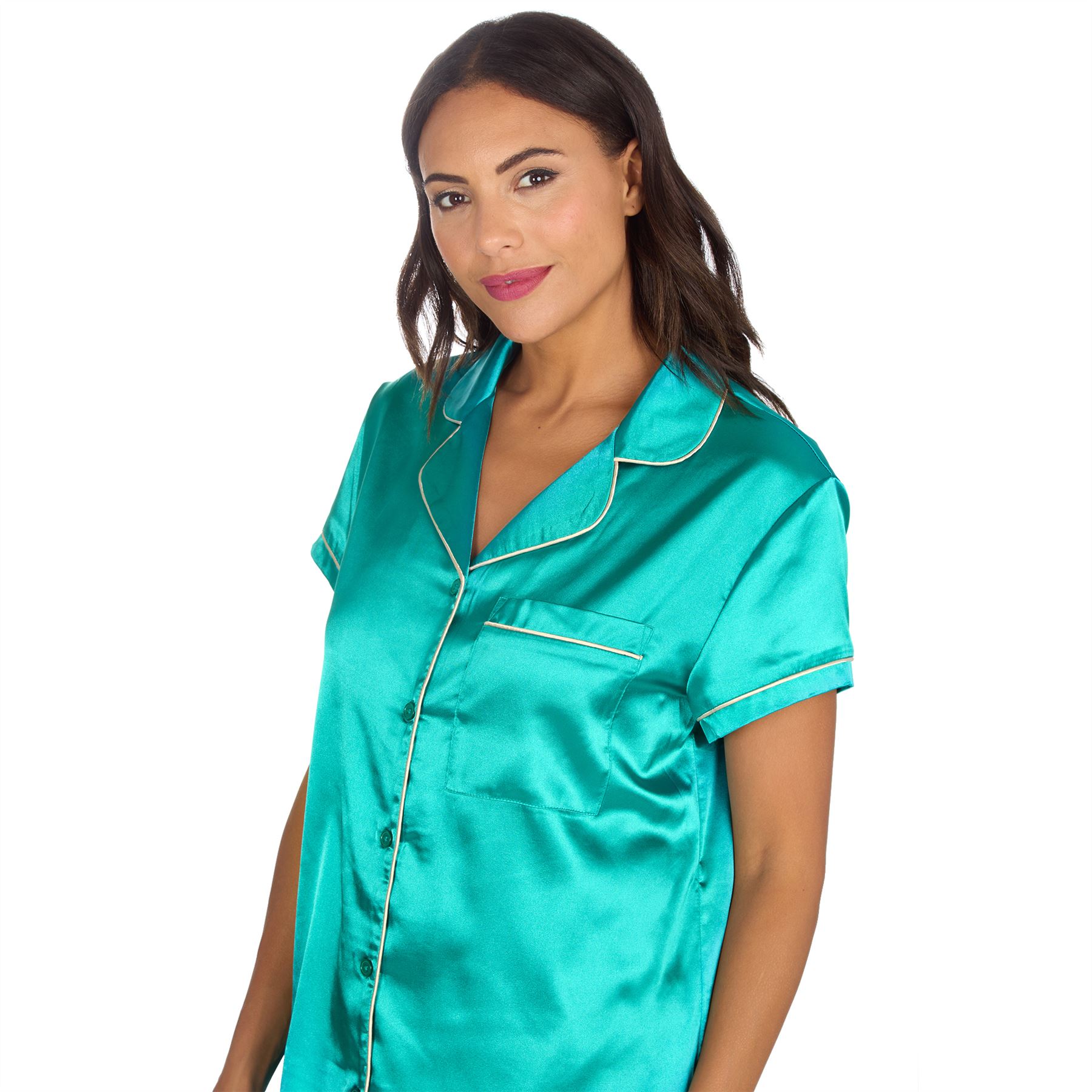 Conjunto de pijama de satén con botones delanteros y pantalones cortos para mujer y mujer talla 10-24 - Imagen 27 de 28