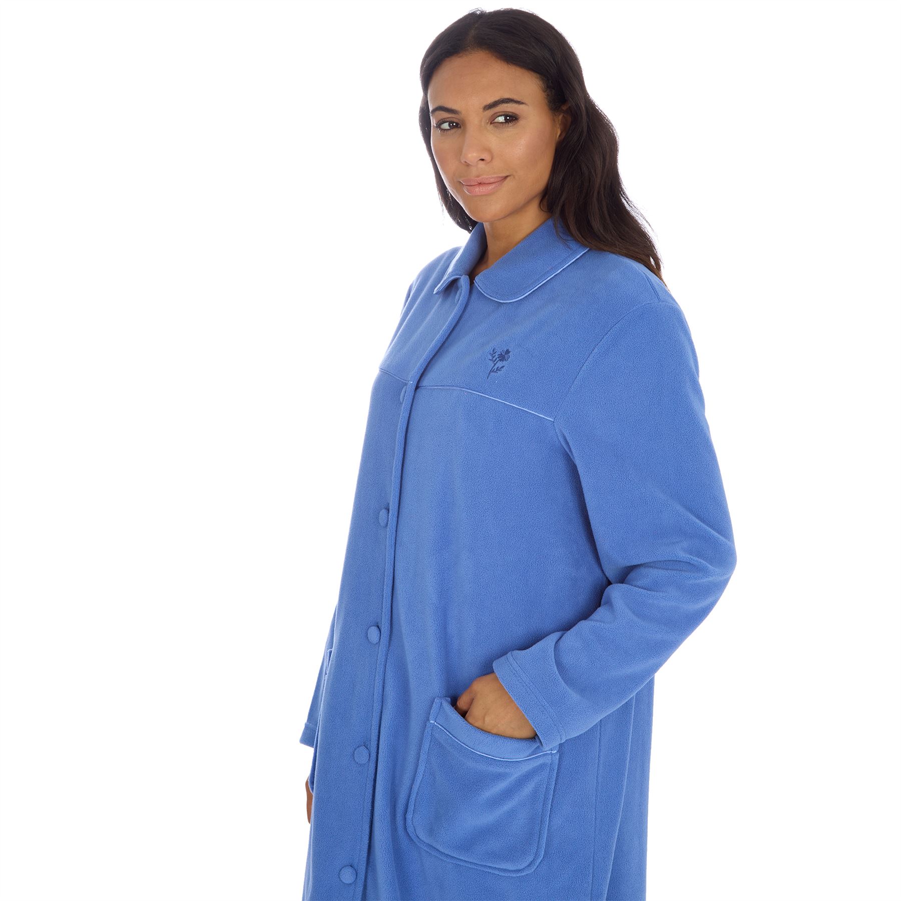 Ladies Button Housecoat Robe Longer Length Fleece Dressing Gown - Picture 19 of 40