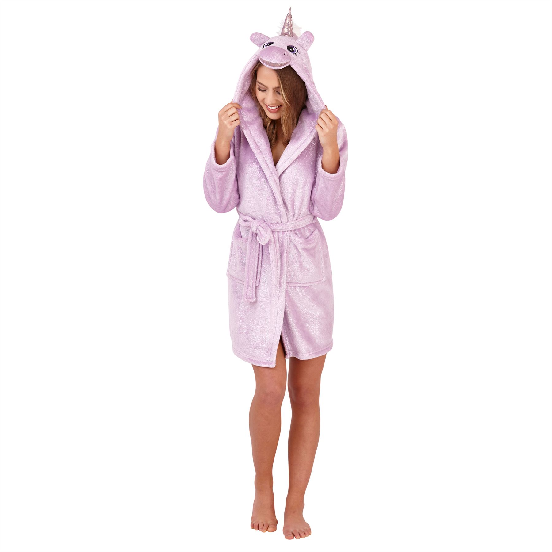 Womens Fleece Robe Dressing Gown With Novelty Hood Ladies Girls Size 8-22 - Picture 41 of 75