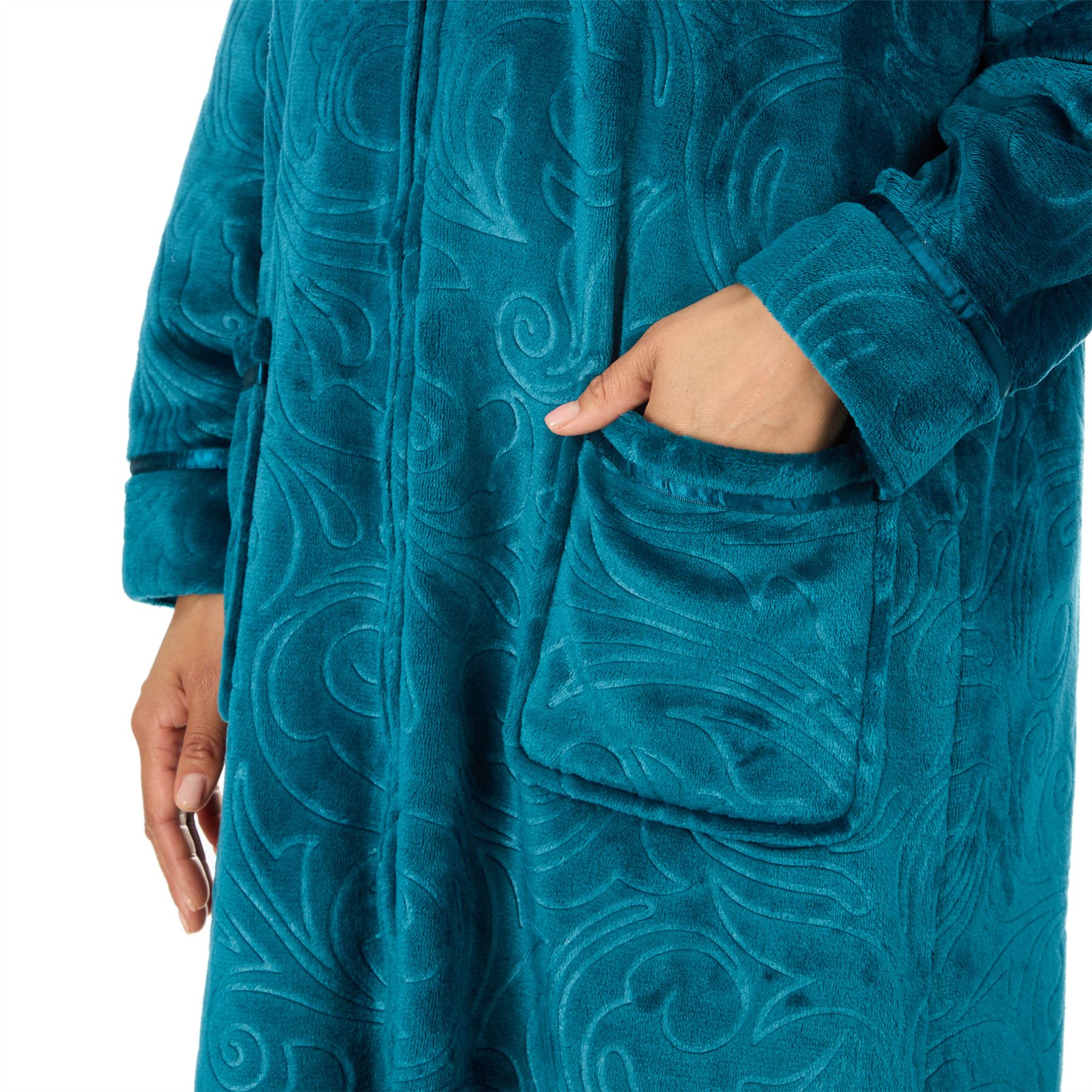 Womens Zip Robe Housecoat Ladies Embossed Fleece Dressing Gown Size 10-24 - Picture 30 of 31