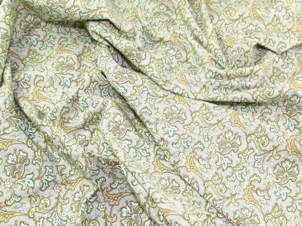 Green & Tan Cotton Lawn Fabric