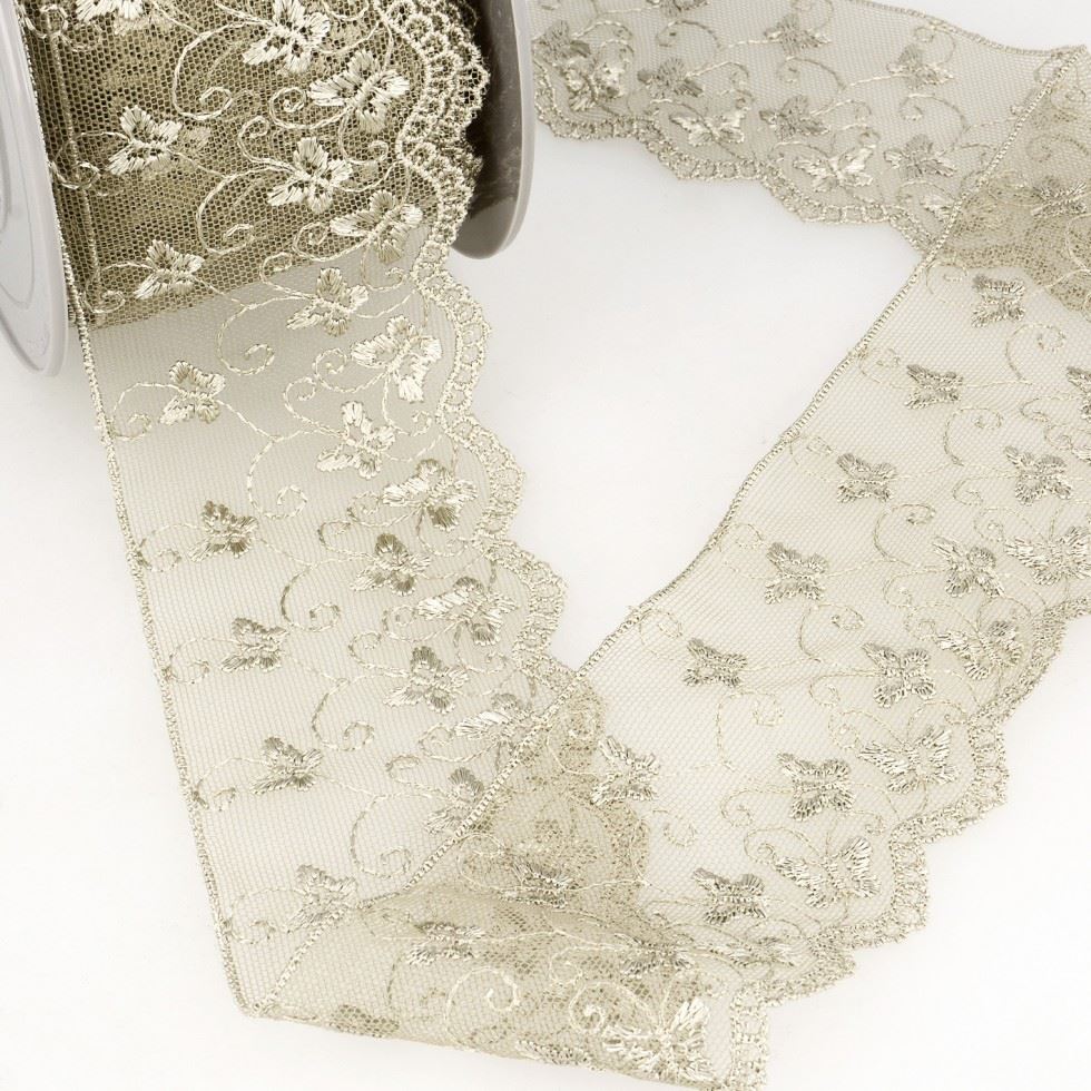 Stephanoise Taupe Embroidery Tulle Lace Trim