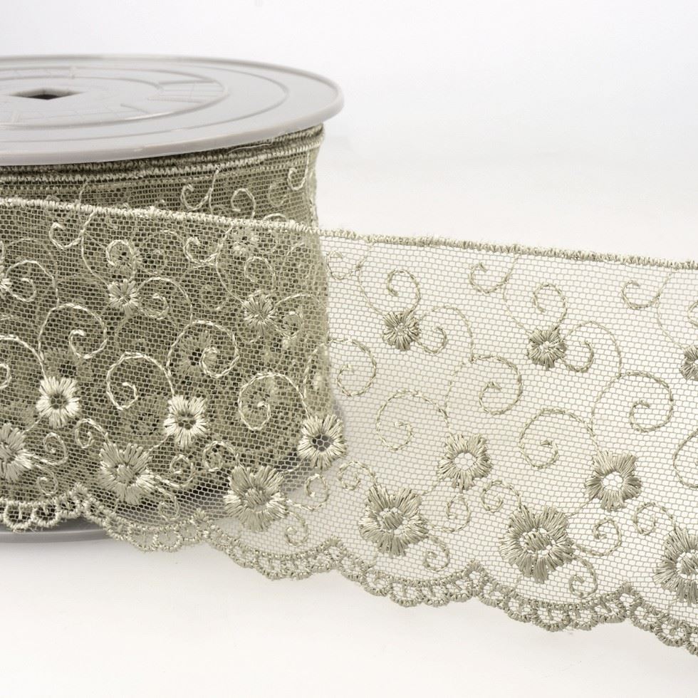 Stephanoise Taupe Embroidery Tulle Lace Trim