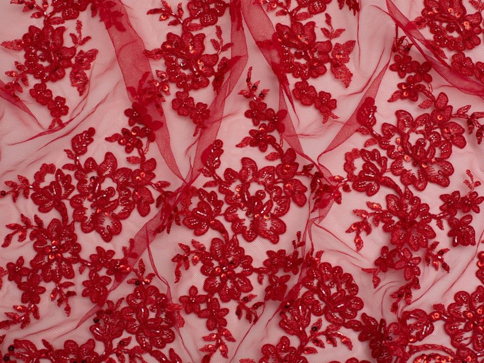 Minerva Core Range Naomi Beaded Lace Fabric Red
 