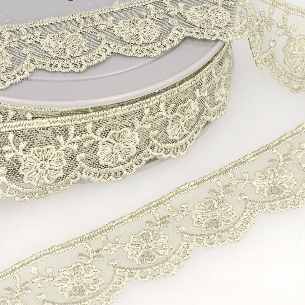 Stephanoise Taupe Embroidery Tulle Lace Trim