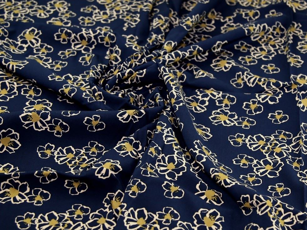 John Louden Navy & Mustard Stretch Woven Viscose Challis Fabric