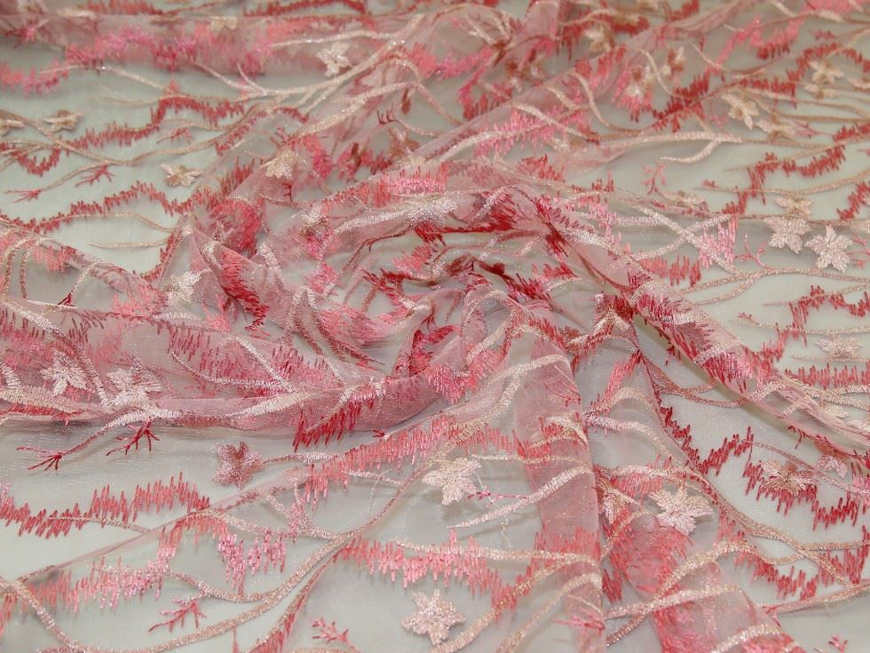 Light Pink Deadstock Embroidered Lace Tulle Fabric