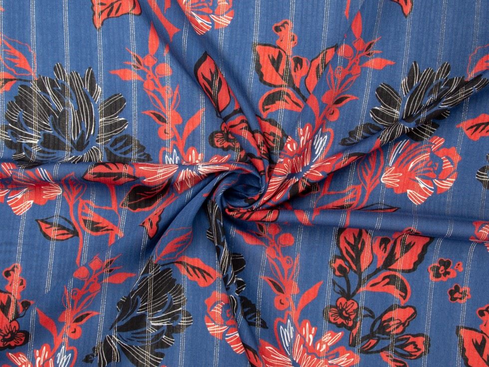 Deadstock Lurex Stripe Viscose Jacquard Fabric Royal Red Black
 