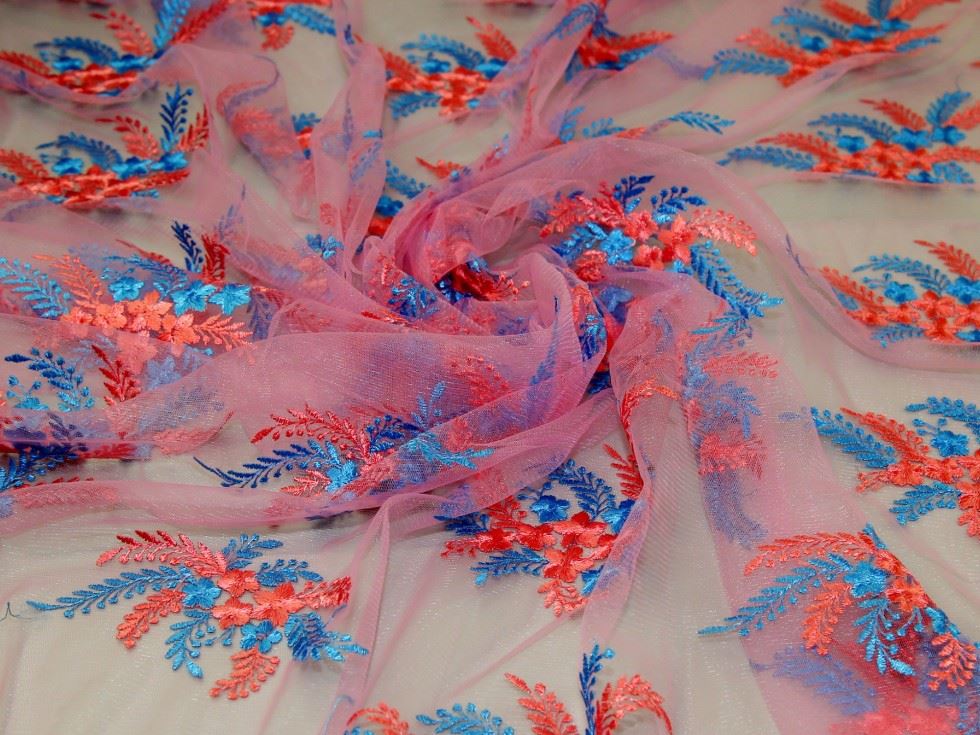 Pink Deadstock Embroidered Lace Tulle Fabric