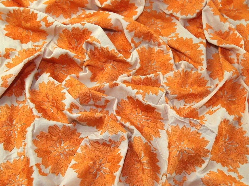 Orange On Beige Deadstock Embroidered Cotton Lawn Fabric