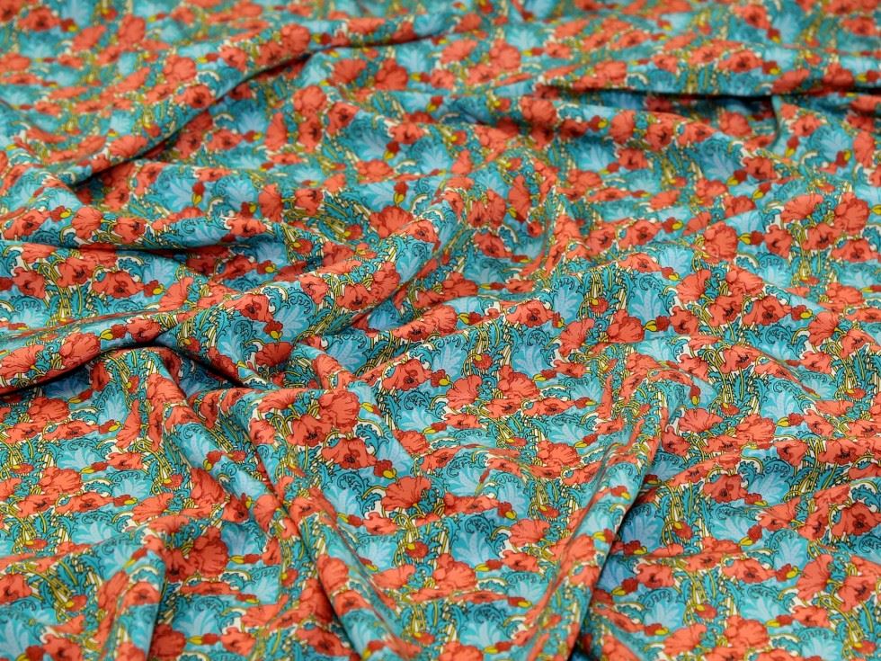 Liberty London Coral & Aqua Clementina Kensington Silk Crepe De Chine Fabric