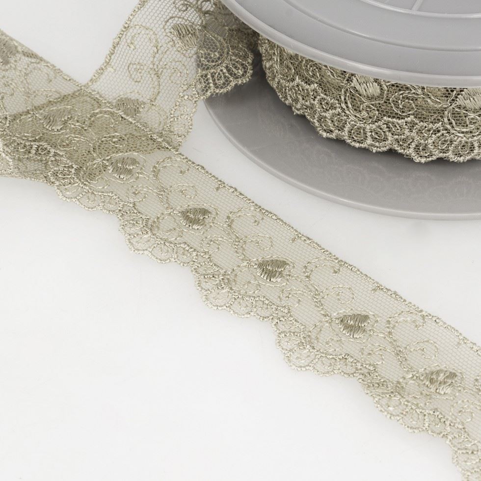 Stephanoise Taupe Embroidery Tulle Lace Trim