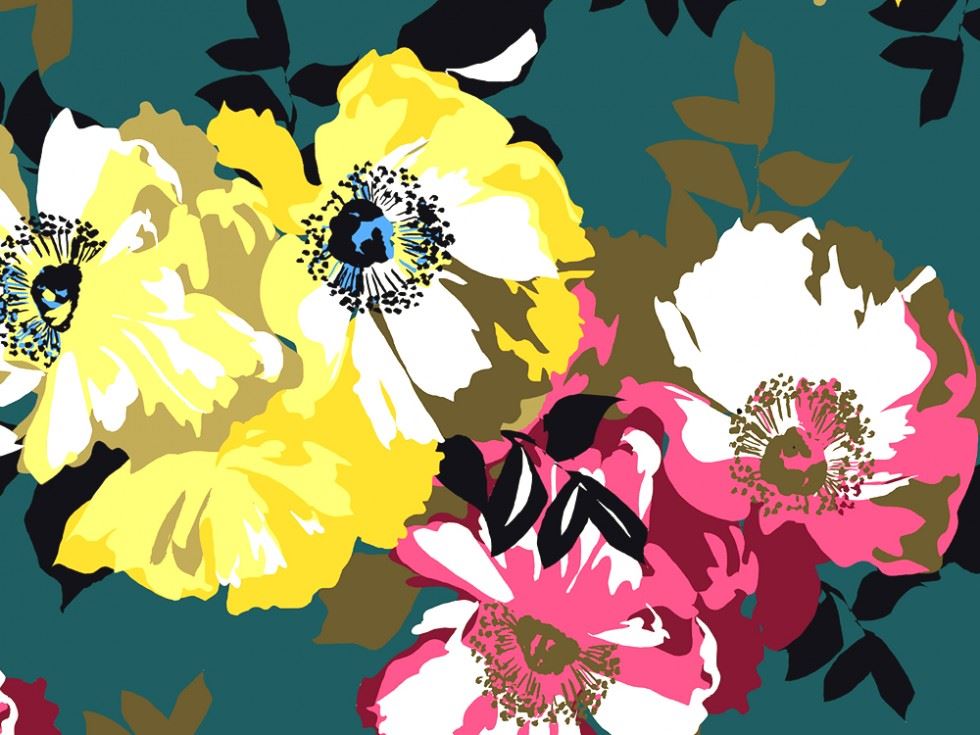 John Kaldor Pink & Yellow On Teal Lizzano Cotton Sateen Fabric