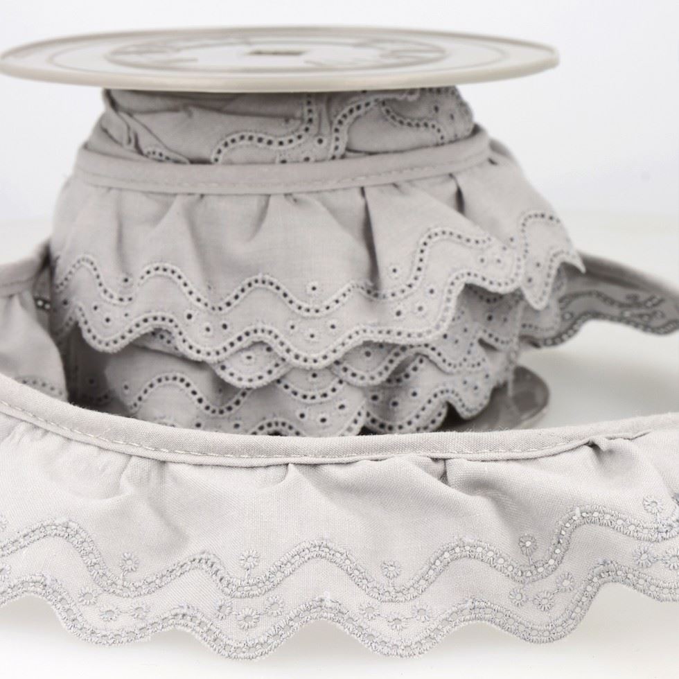 Stephanoise Eyelet Gathered Lace Trim Light Grey
 